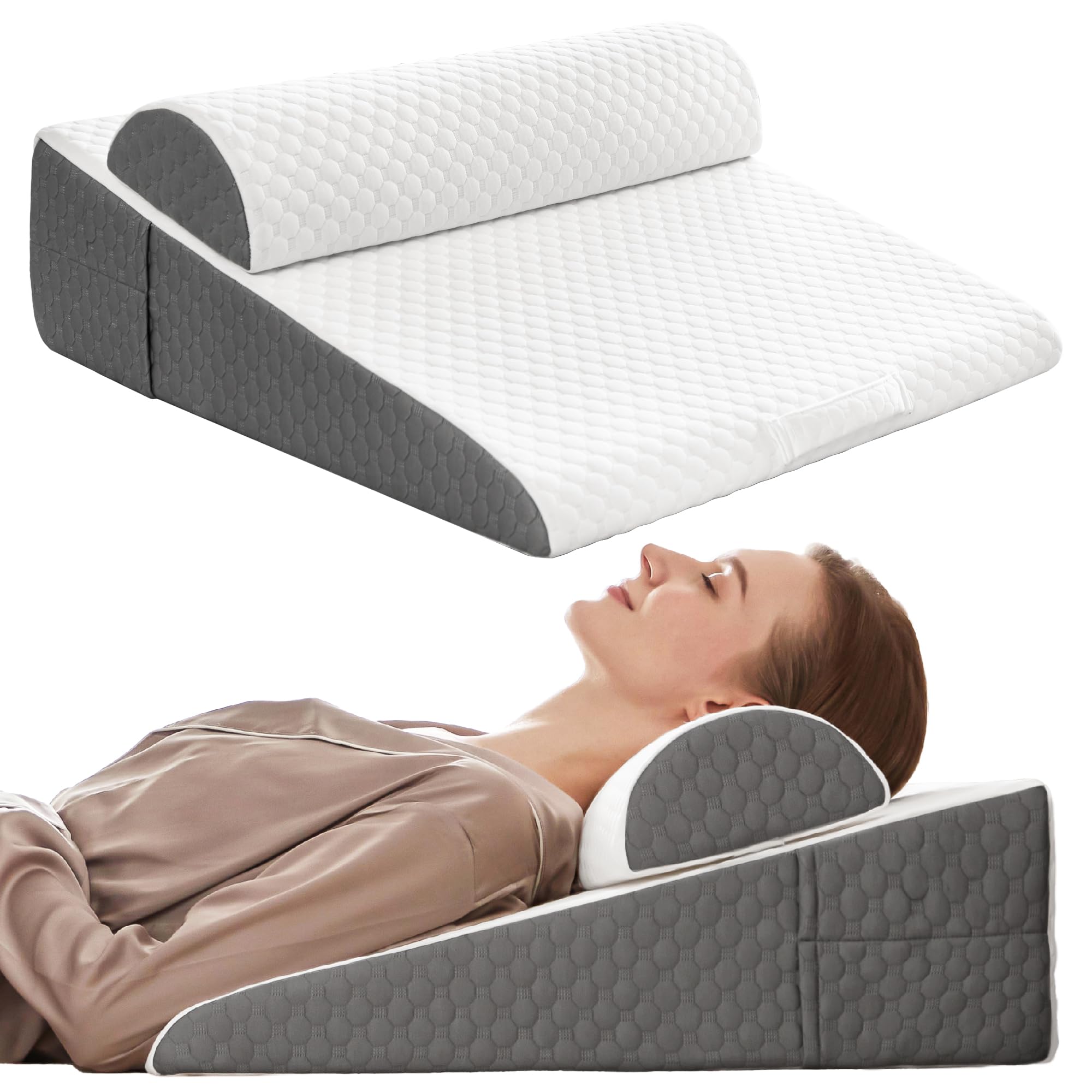 Simpledad 7.5" Bed Wedge Pillow for Sleeping with Headrest, Wedge Pillow Set for After Surgery Acid Reflux Back Pain Relief, Snoring &amp; Gerd Memory Foam Triangle Incline Headboard Wedge Pillows