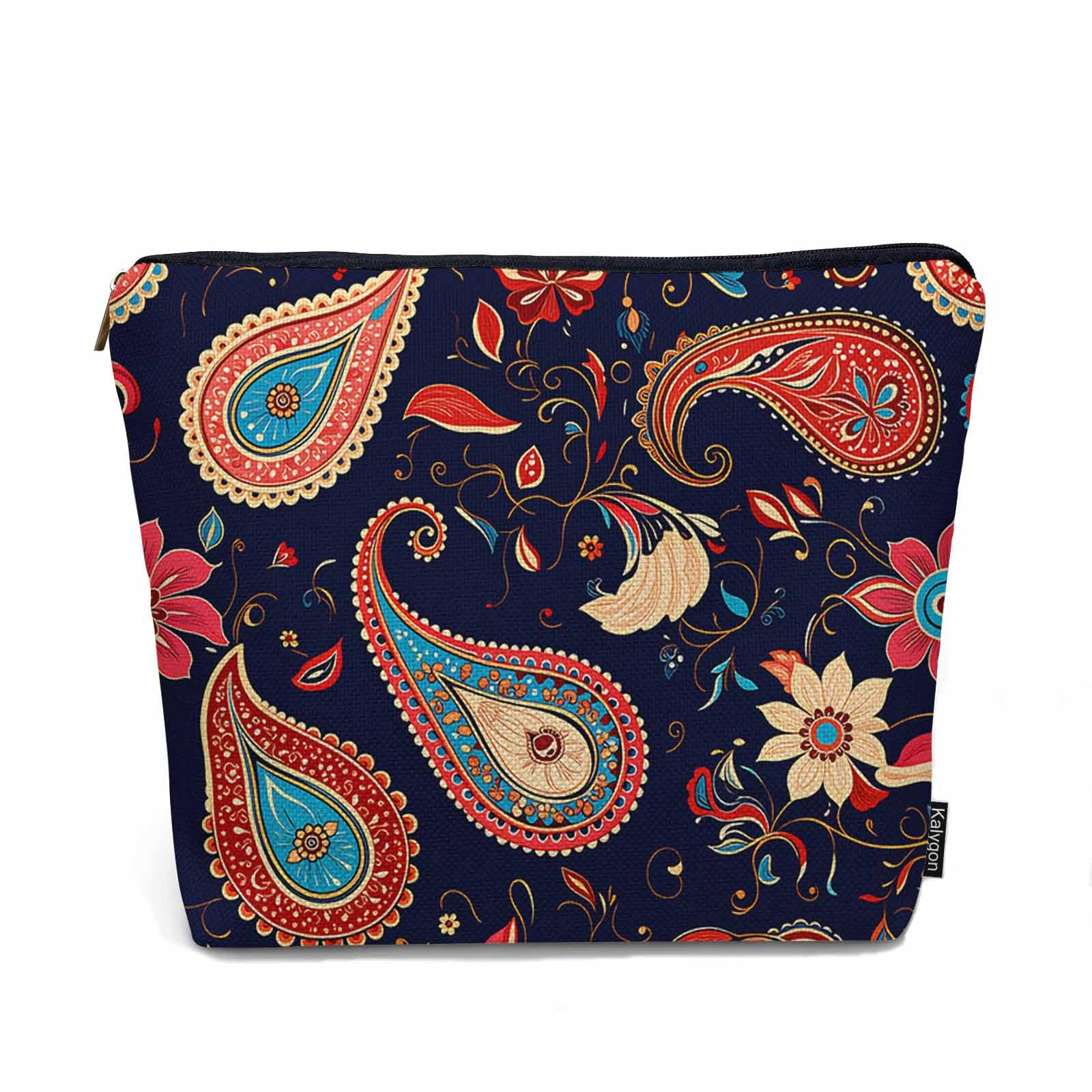 Kalygon Makeup Bag For Purse Paisley Floral, Ethnic Tribal Floral Paisley Boho Cosmetic Bags For Women With Zipper Travel Toiletry Pouch Makeup Bags