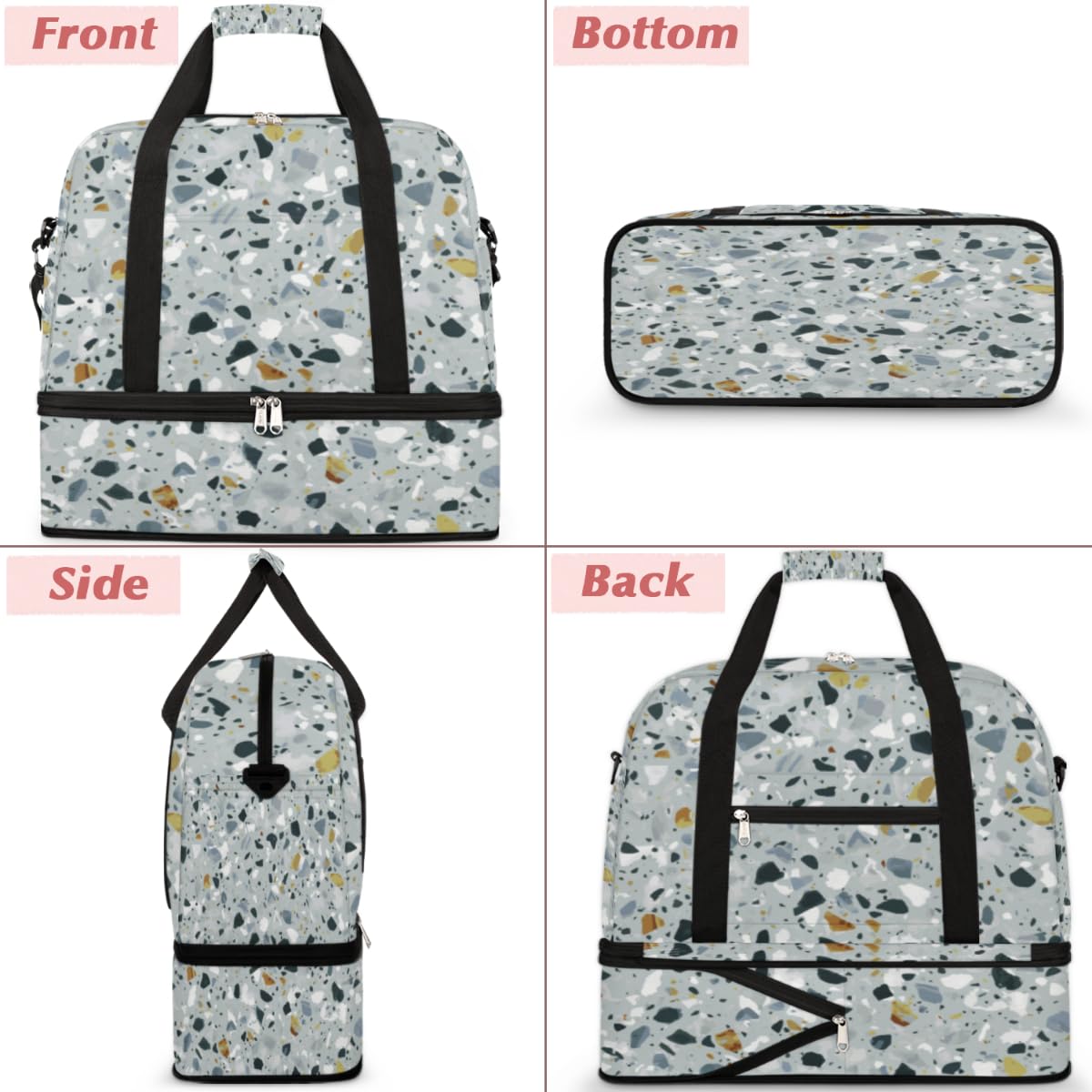 Sports Gym Bag Terrazzo Texture Foldable Travel Duffel Bag with Shoes Compartment Large Carry On Bag Weekend Yoga Workout Bag for Men Women 20.07 * 7.87 * 18.11 Inch