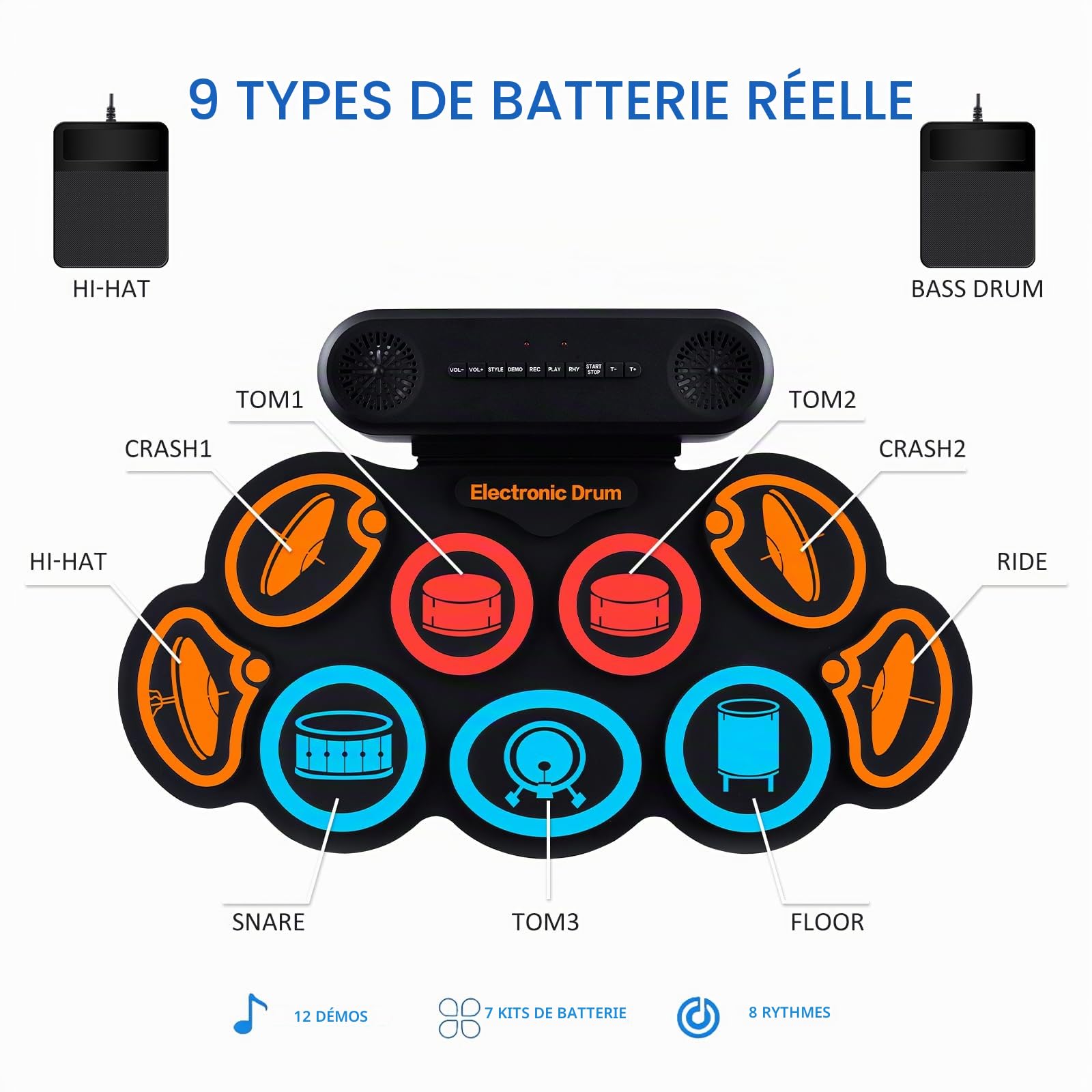 Kit de batterie électronique, 9 coussinets d'oreille enroulables, kit de tampon de batterie électrique avec prise casque, 10 heures de lecture, haut-parleur intégré (Couleur)