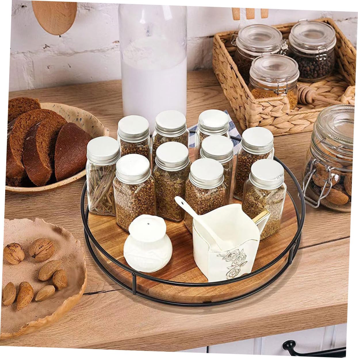 Amosfun Bandeja Organizadora Giratoria Redonda de Madera E Hierro Marrón | Cocina y Baño, Diseño Práctico Multifuncional, Fácil de Sacar Objetos, Soporte para Tarro de Especias