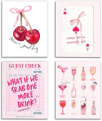 VIIJJUE Decoración de pared de moda preppy, lazo de cereza rosa coqueta, barra de tarjetas retro de Ace, juego de 4, pósteres de pared rosa