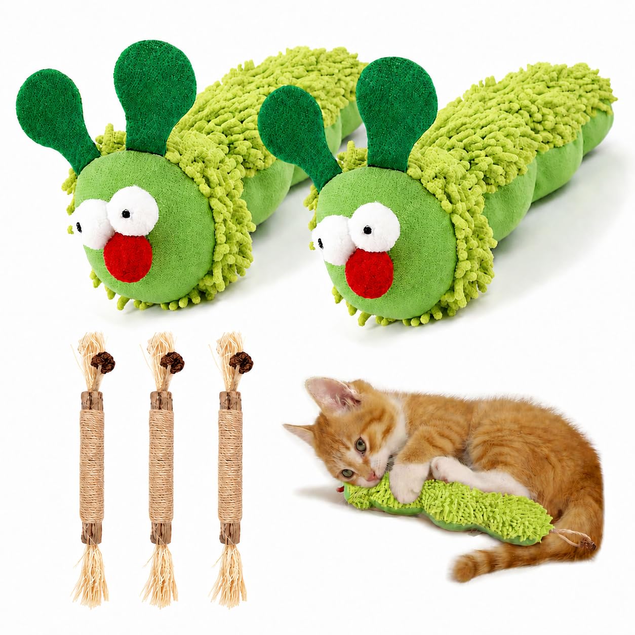 Fan Hua 5 pcs Katzenminze Spielzeug, interaktives Katzenspielzeug, 2 Raupen Katzenminze Spielzeug 3 Stück Katzenminze Sticks, Helfen für Katzenzahnhygiene & Aktivität