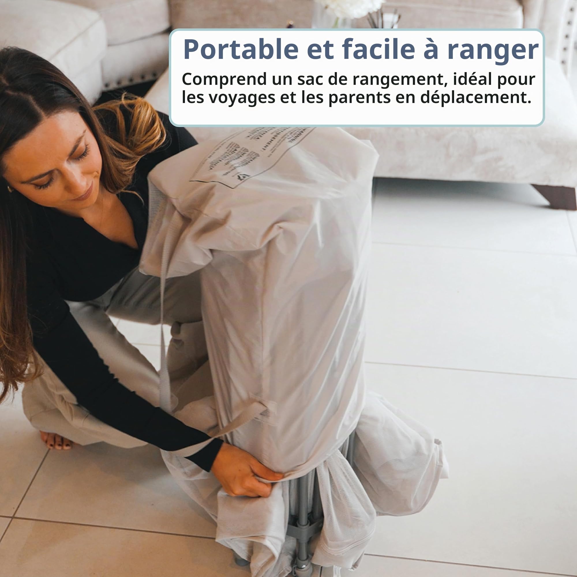 Venture All Stars Joy Grande boîte de rangement pliable portable pour bébé et enfant en maille respirante et tapis moulant, facile à installer, avec sac de voyage Taupe