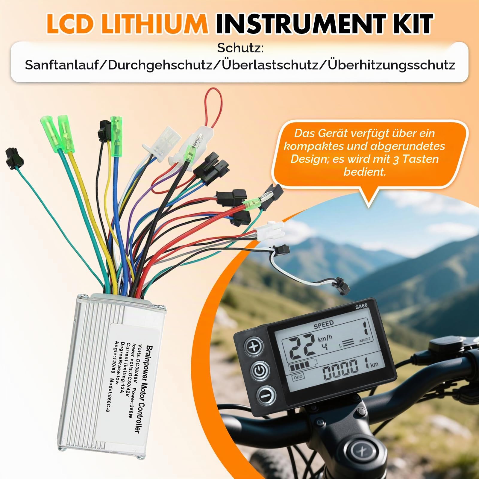 E Scooter Controller Kit, DC 36/48V 13A Dreimodus Sinuswelle Brushless Motor Controller mit LCD Anzeige IPX5 Wasserdicht für Elektrofahrrad Scooter
