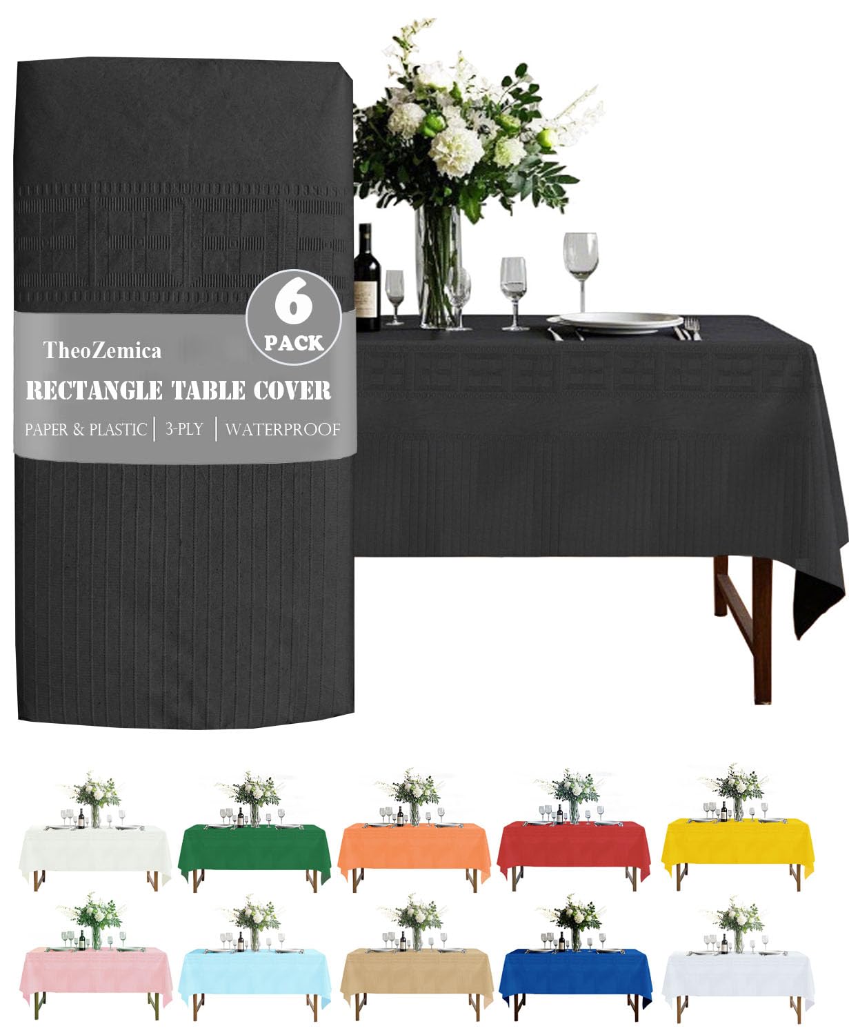 Lot de 6 nappes jetables noires en papier pour fête, 137,2 x 274,3 cm, imperméables en papier et plastique, 3 plis, pour anniversaire, banquet, buffet