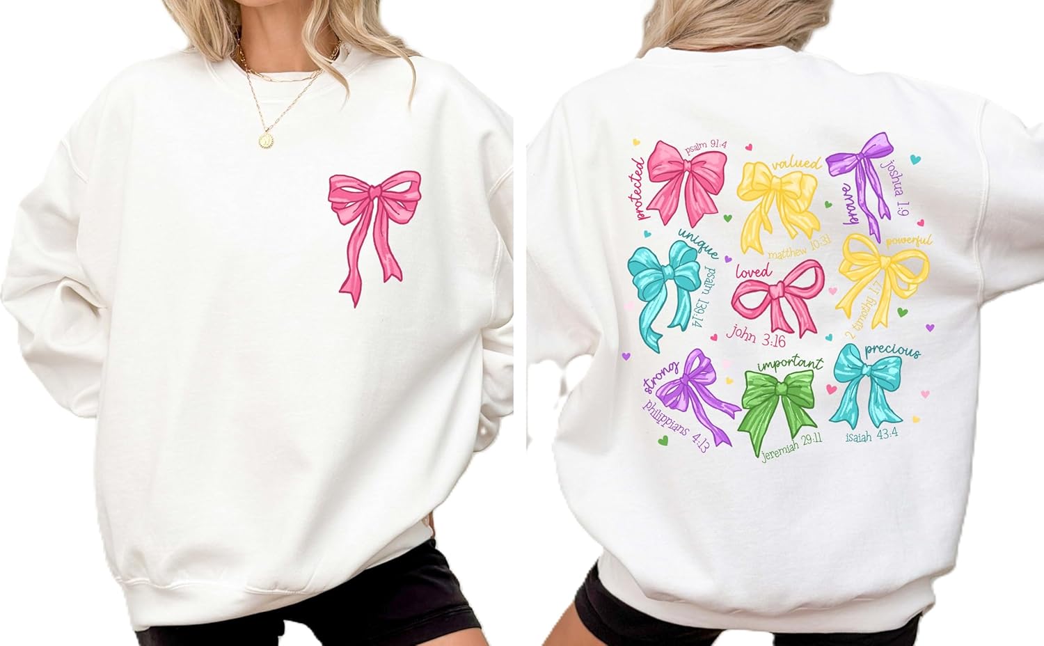Christian Bow Sweatshirt, Bible Verse Bow Crewneck, Faith-Based Aesthetic Sweatshirt, Colorful Scripture Back Print, Inspirational Christian Gift for Women Multicolor