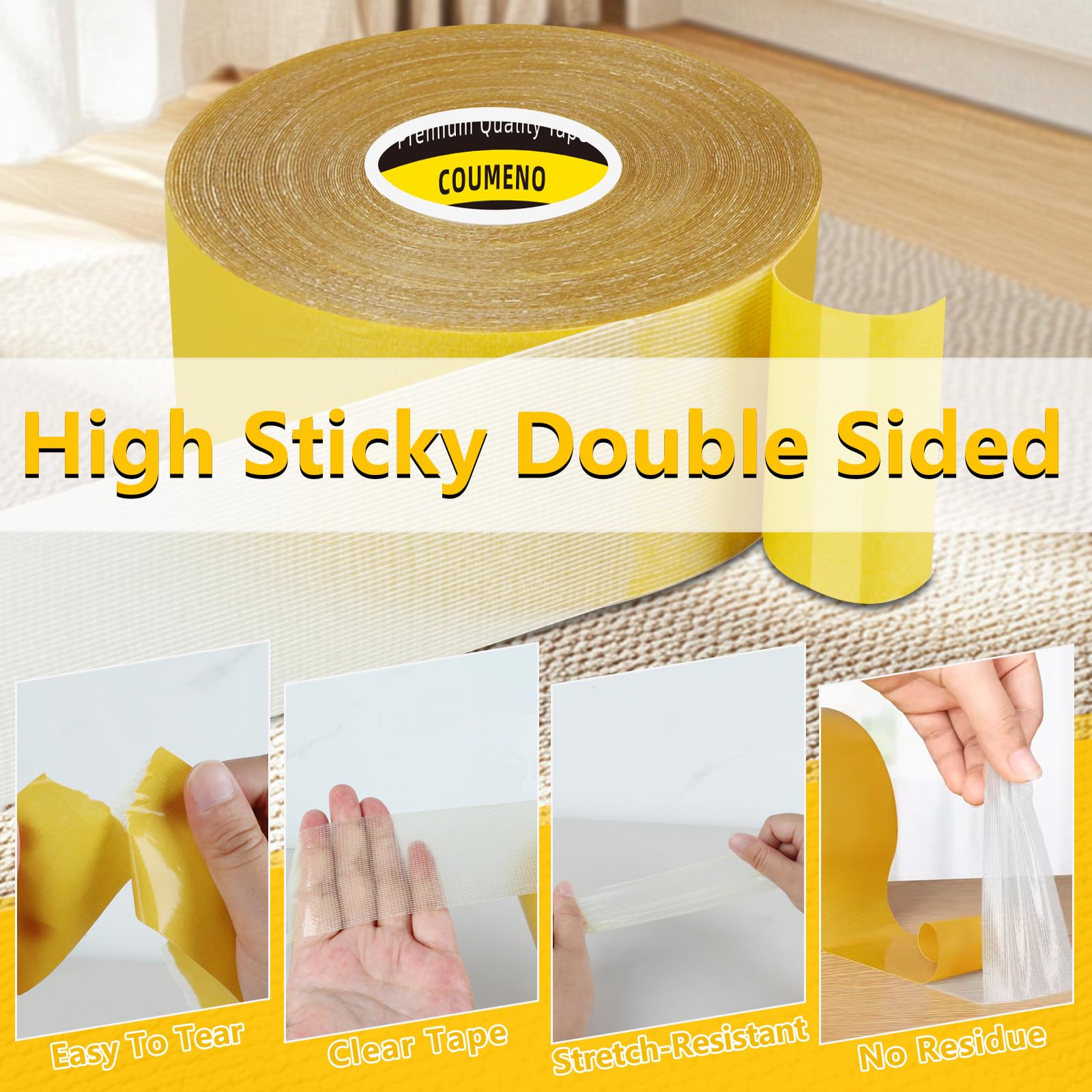 Ruban adhésif double face robuste de 4,1 cm x 50 m pour fixer, coller, épisser, facile à déchirer à la main, idéal pour la maison, l'industrie et le bureau