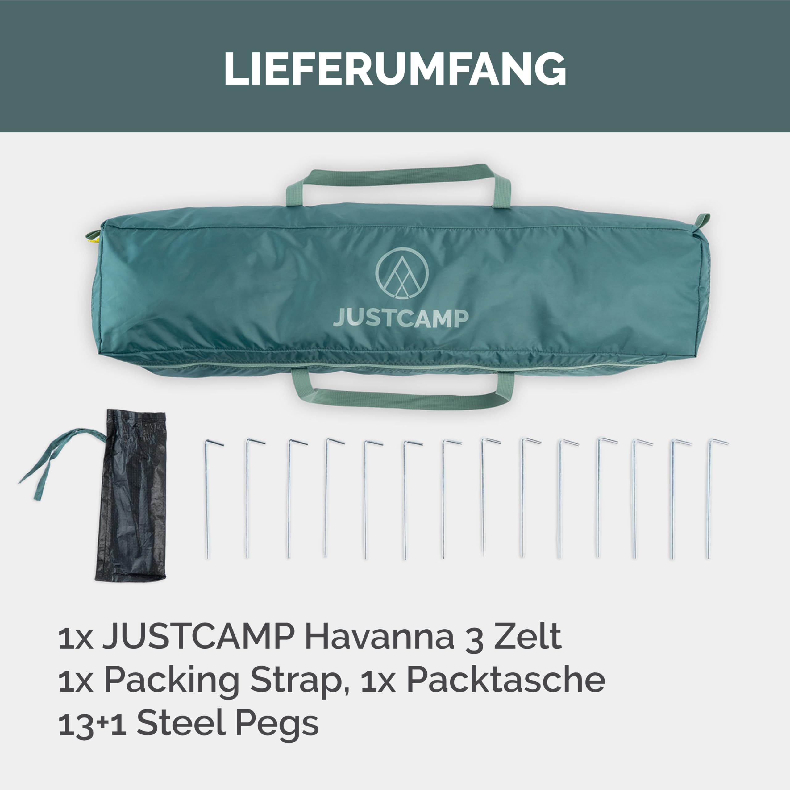JUSTCAMP Havanna Zelt 3 Personen wasserdicht - Schnellaufbau (Quick-Up-System) - geräumiges Kuppelzelt (210 x 190 x 130 cm) - für Festival, Camping, Trekking