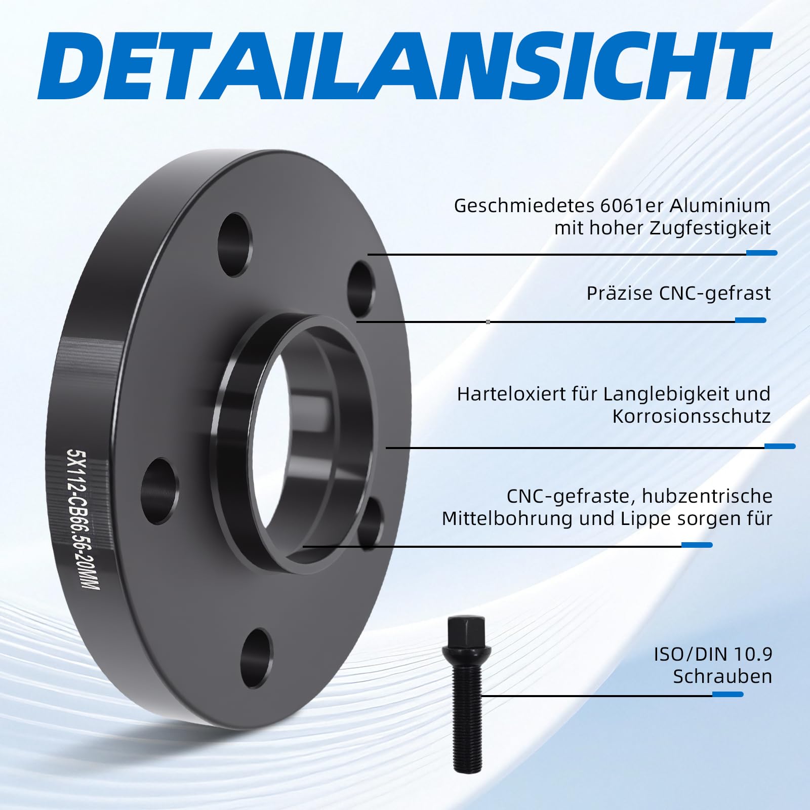 2 x 20 mm Radnaben-Distanzset 5x112 Ø66,5 für Mercedes-Benz | 40mm Spurverbreiterung für Mercedes 117/176/204/211/218. Inkl. 10 Kugelbund-Schrauben M14x1,5 (R13, 50mm). Schwarz eloxiert.