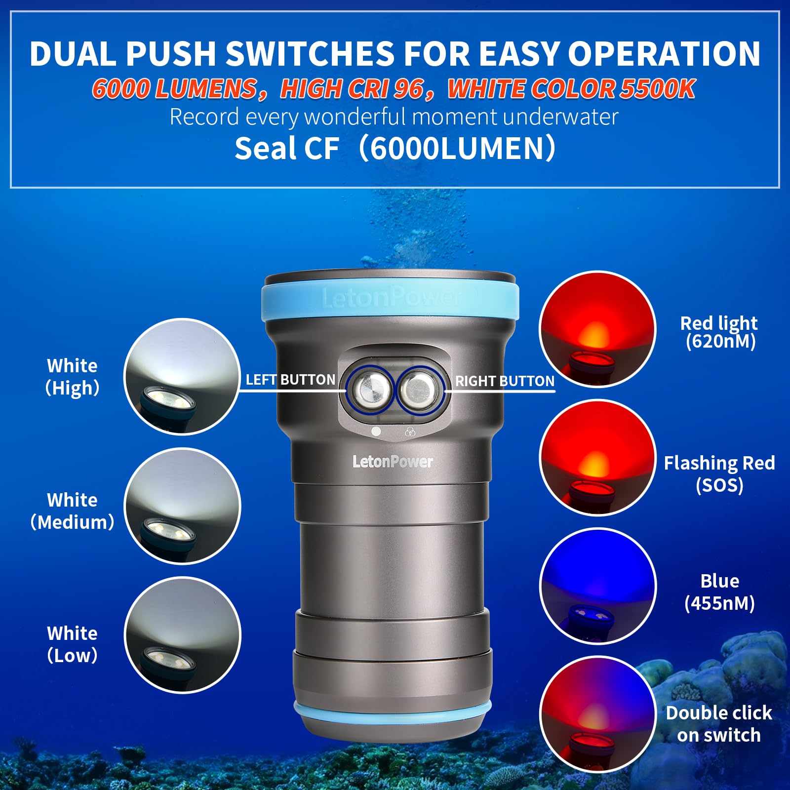 Seal CF Lampe de Plongée 6000 Lumens - Lampe Vidéo 120° à 5500K/96 CRI, Recharge USB-C, Étanche 100m pour Photographie sous-Marine Professionnelle