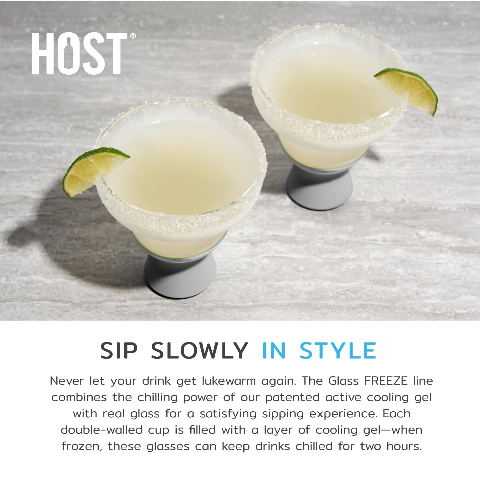 Host Glass Freeze - Set di bicchieri da margarita senza stelo con fascia in silicone, set da 2 bicchieri da margarita da 350 ml, colore grigio