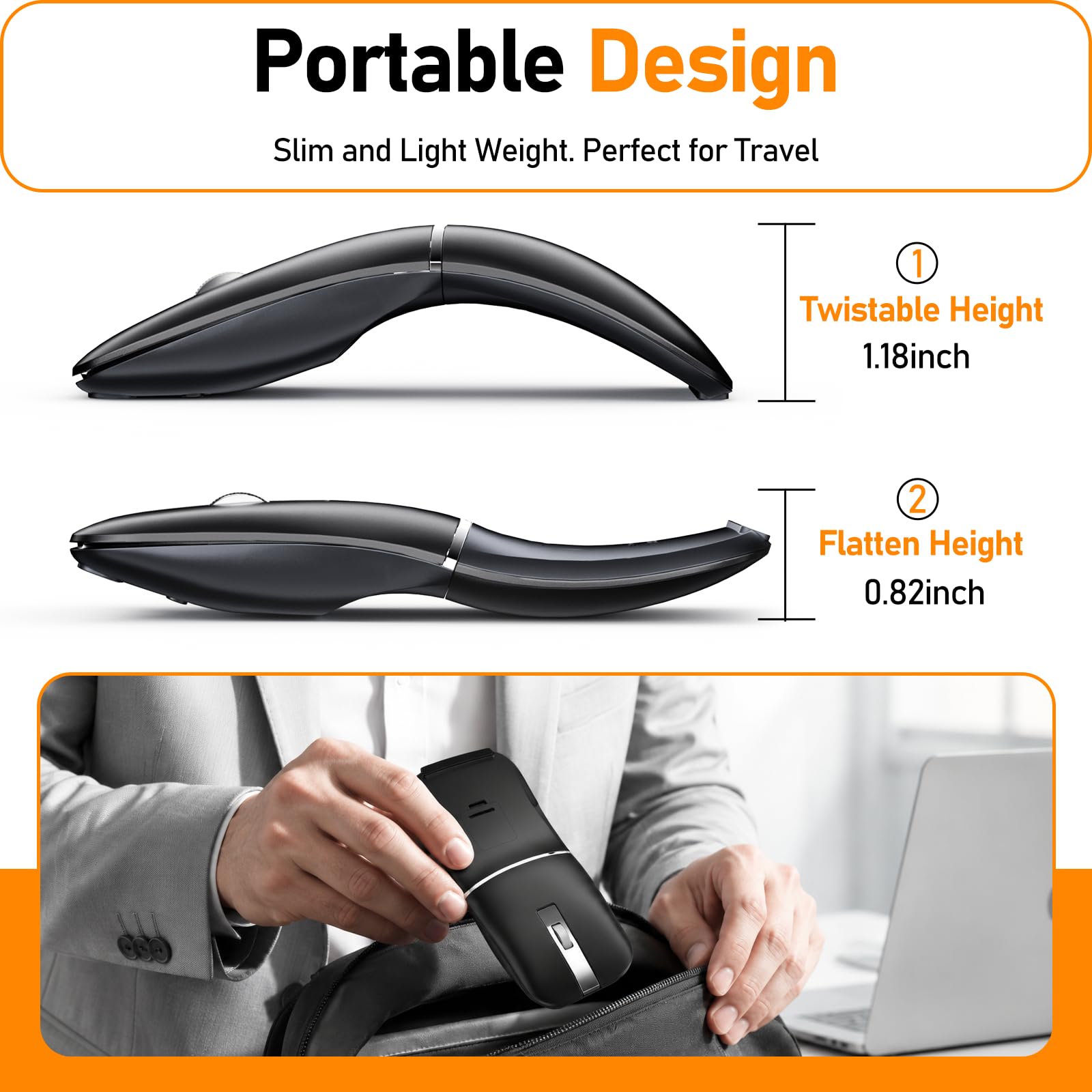 Ratón de viaje Bluetooth, giratorio de 2.4 G, recargable con receptor USB, compatibilidad de ratones inalámbricos para computadora, laptop, laptop, PC (negro)
