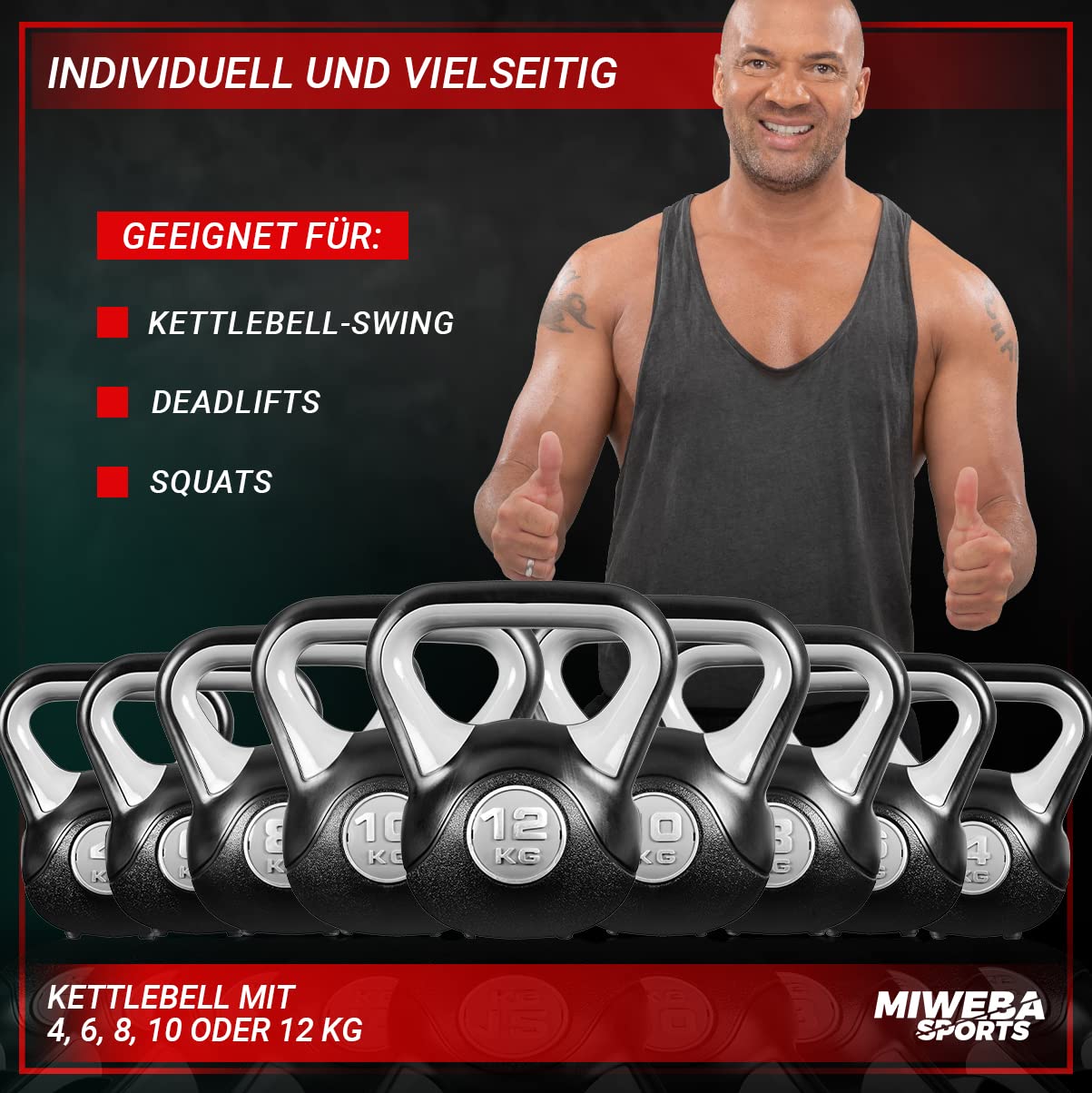 Miweba Sports Kettlebell KB200 | 4.0-12.0 Kg Gewichte - Kugelhantel - Kugelgewicht - Schwunghantel - Kettlebells - Hanteln - Hantel für Indoor & Outdoor - Krafttraining - Bodenschonend