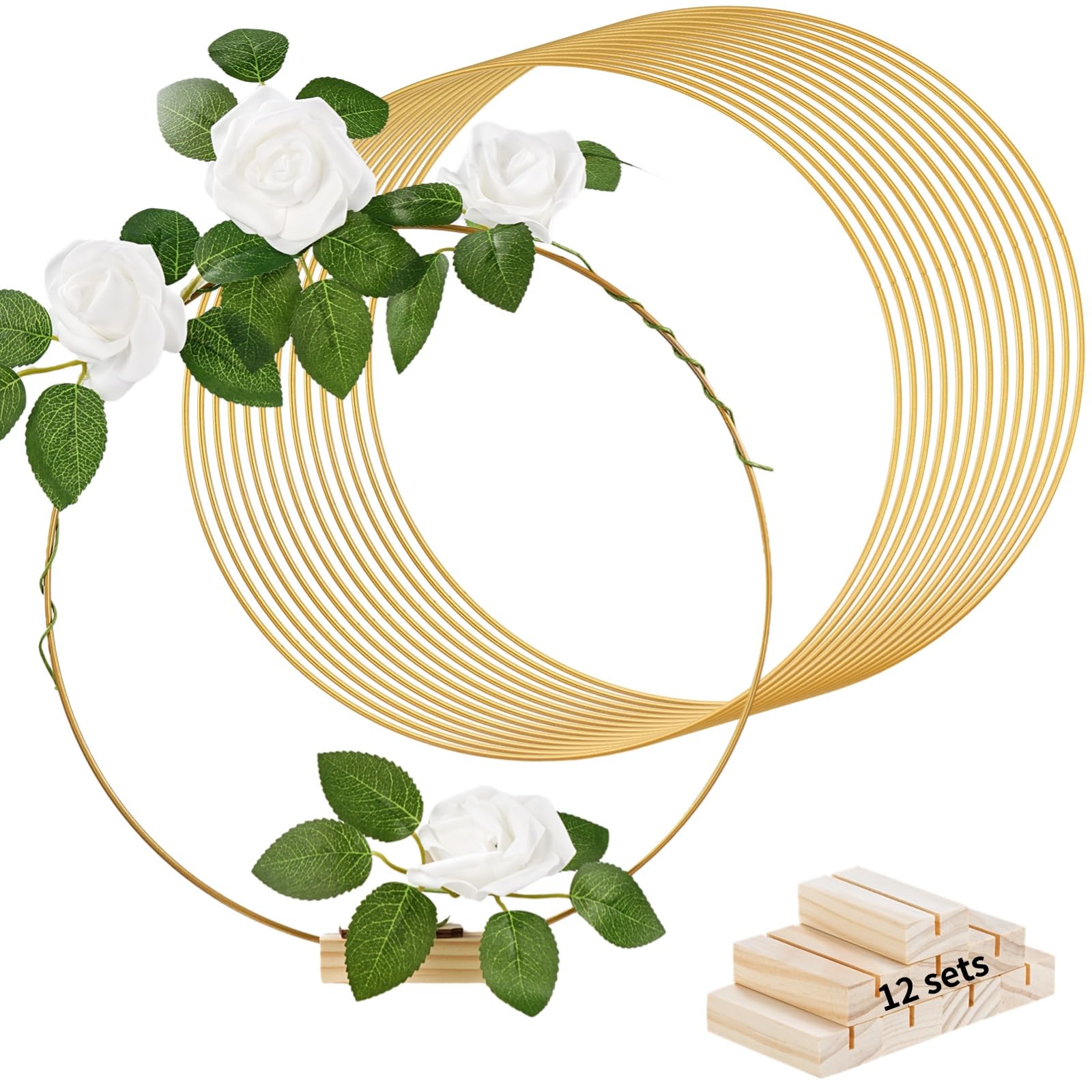 12 STK. Metall-Blumenringe, runde Tischdekorationen mit Ständern, goldene Kranzringe mit Haltern für DIY, Wandhänger Bastelarbeiten für Taufparty, Hochzeitsdeko und Eventgestaltung