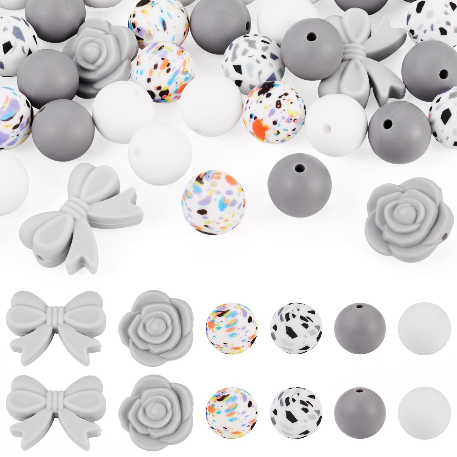 34Pcs Gray Bowknot Silicone Focal Beads for Pen Round Silicone Beads for Keychain Making Assorted Bowknot Rose Bead Charms for Valentines Bracelet Necklace Jewelry Making