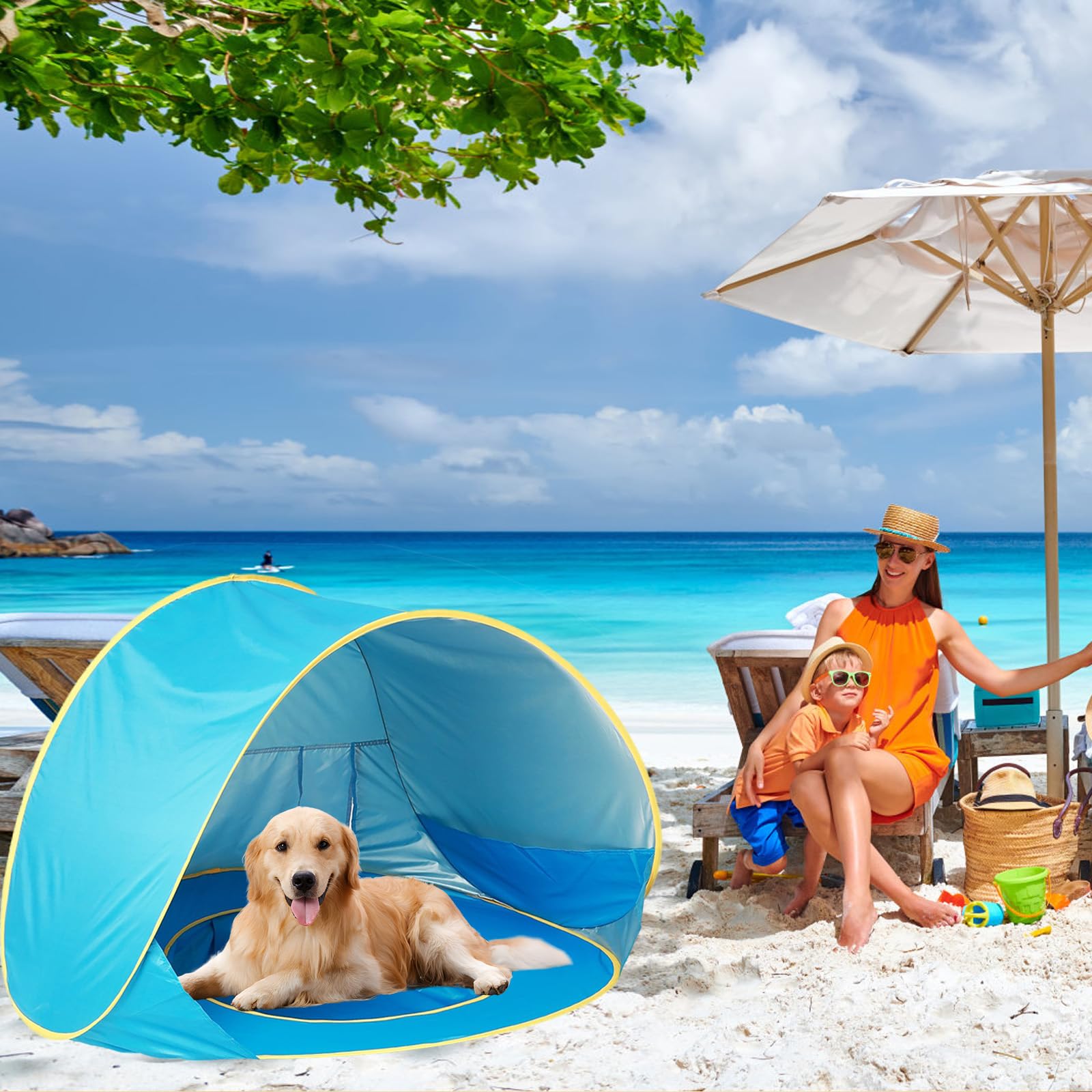 Tente De Plage WolfWise 2-3 Personnes Bleue - UPF 50, Parasol, Auvent, Tapis De Sol Inclus