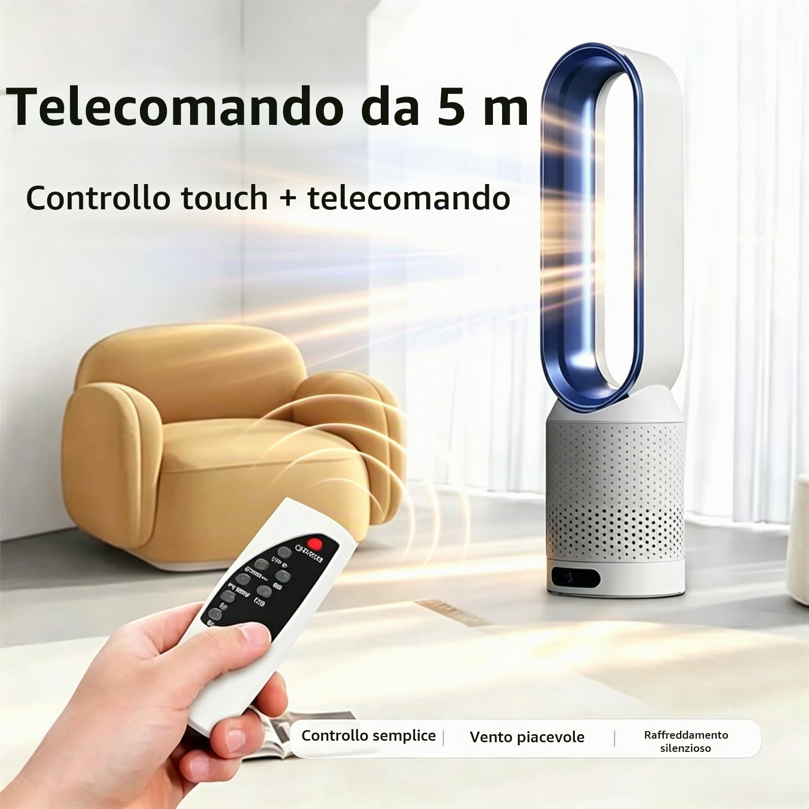 Seladi AirPure V3 - Refrigeratore d'aria 3 in 1, purificatore UV e ionizzatore, 620 l/s, ventilatore a torre con oscillazione a 90°, con telecomando, a risparmio energetico (oro)
