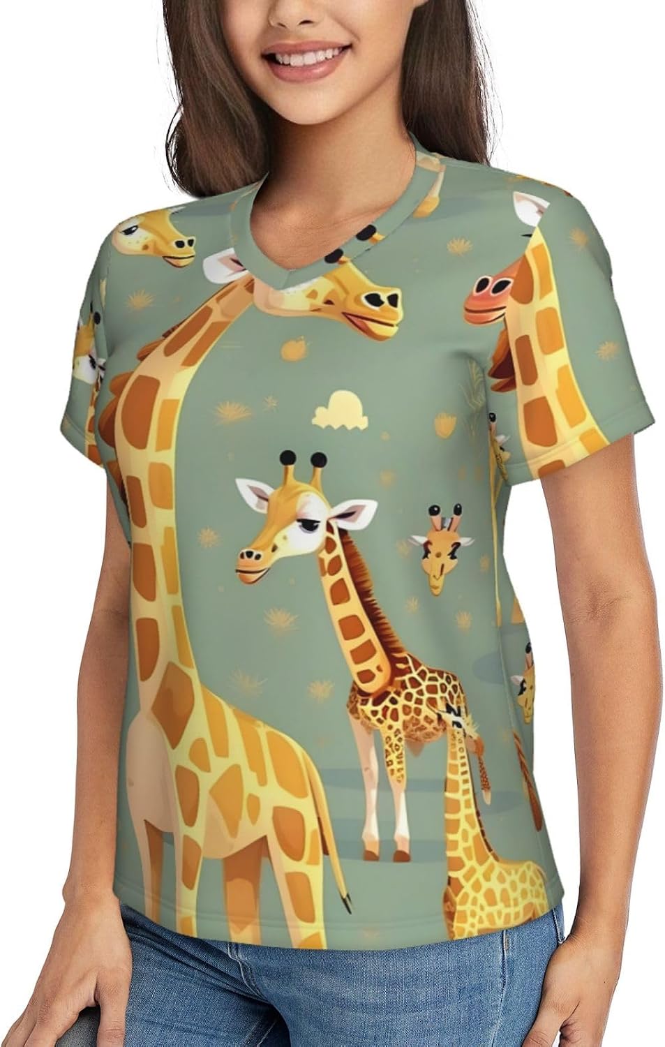 Womens Cute Wild Cartoon Giraffes Print Short Sleeve V Neck T-Shirts Casual Breathable Tee Basic Summer Tops 2026