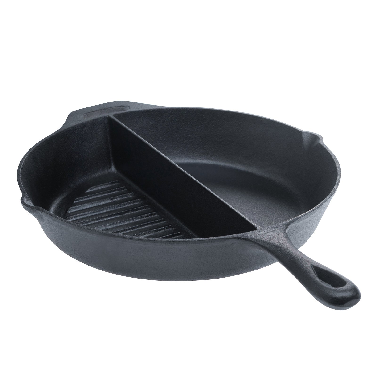 Tabletops Basic Essentials Pre Seasoned Cast Iron 8" 10" 12" 14" Skillet Reversible Griddle Wok Fajita set Cornbread Assit Handle Cookware 13.5" 2-SECTION PAN Black TTU-U0354-EC