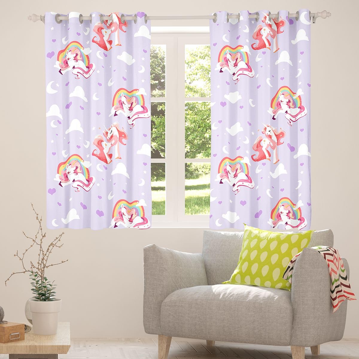 Homewish Tende per finestre con unicorno, 168 x 228 cm, set di 2 pannelli, tende oscuranti arcobaleno viola rosa tende per finestre galassia stelle fantasy per camera da letto