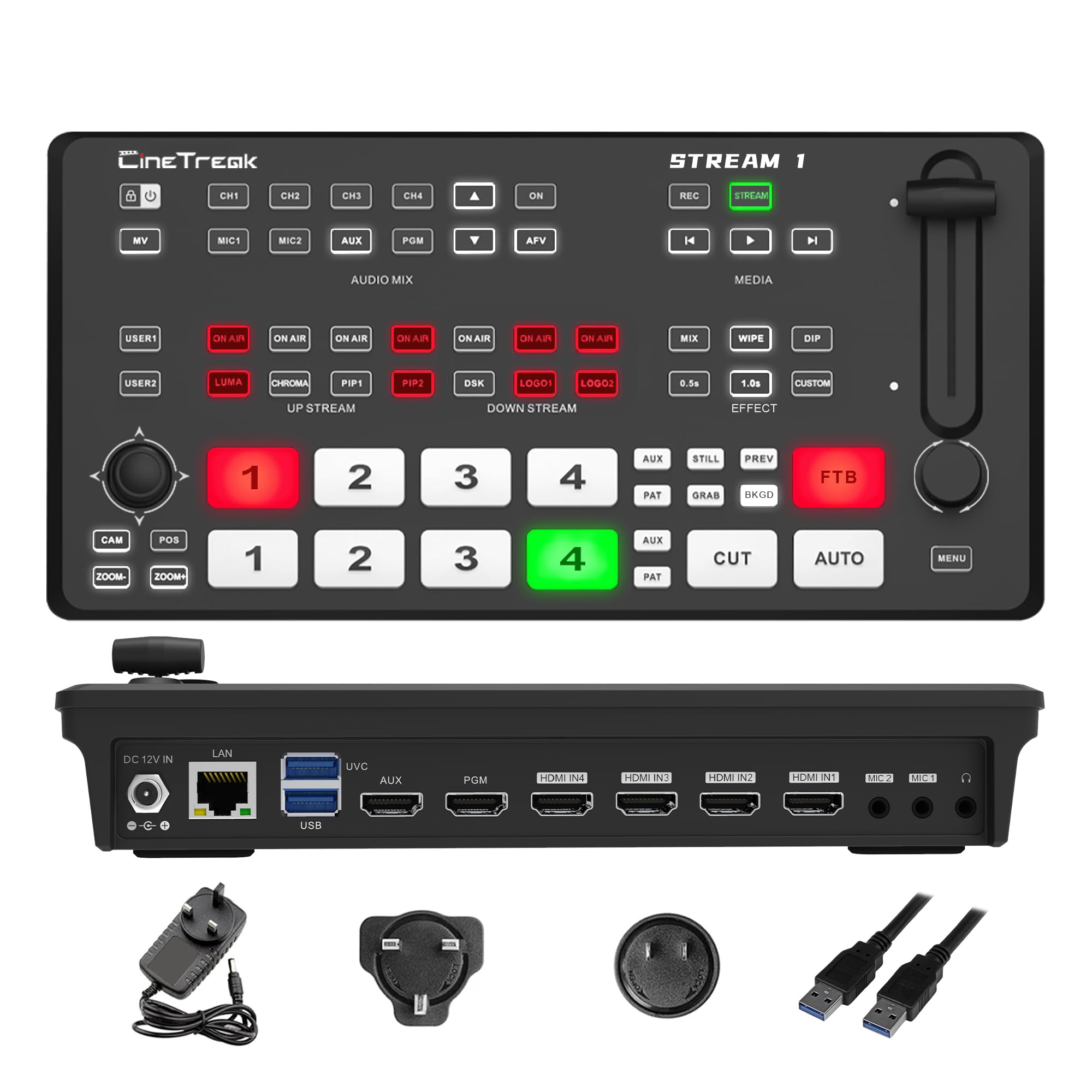 CINETREAK Stream 1 Live-Streaming Switcher 4 HDMI & AUX Eingänge, PTZ Steuerung, Dual RTMP Streaming, Chroma/Luma Key, Aufnahme & Wiedergabe sowie Landschafts- & Hochformat-Streaming (NDI Updatefähig)