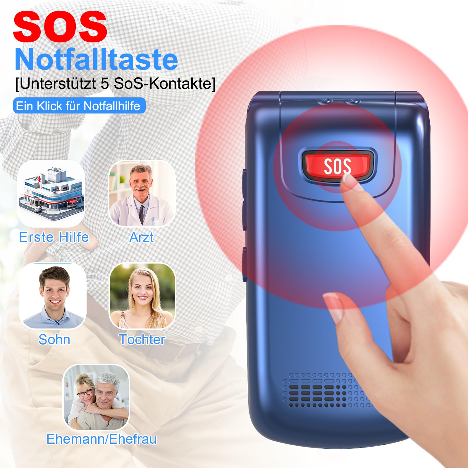 4G Klapphandy Seniorenhandy mit Großen Tasten Handy, Dual-SIM Flip Mobiltelefon mit Ladestation | SOS Notruffunktion | Kurzwahl | Taschenlampe | FM-Radio | 2,4+1.77 Zoll Dual Farbdisplay | Blau