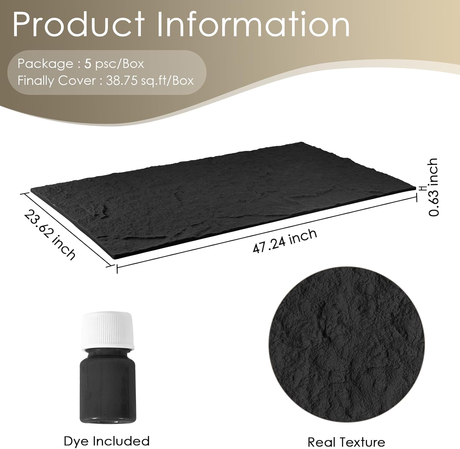 Artbrix 5-Pack 3D Faux Stone Wall Panels, PU Cement-Texture Wainscoting Panels for Interior Walls – Waterproof & Lightweight, Covers 38.7 Sq.Ft, 47.2" x 23.6", for TV Wall, Office, Living Room Black