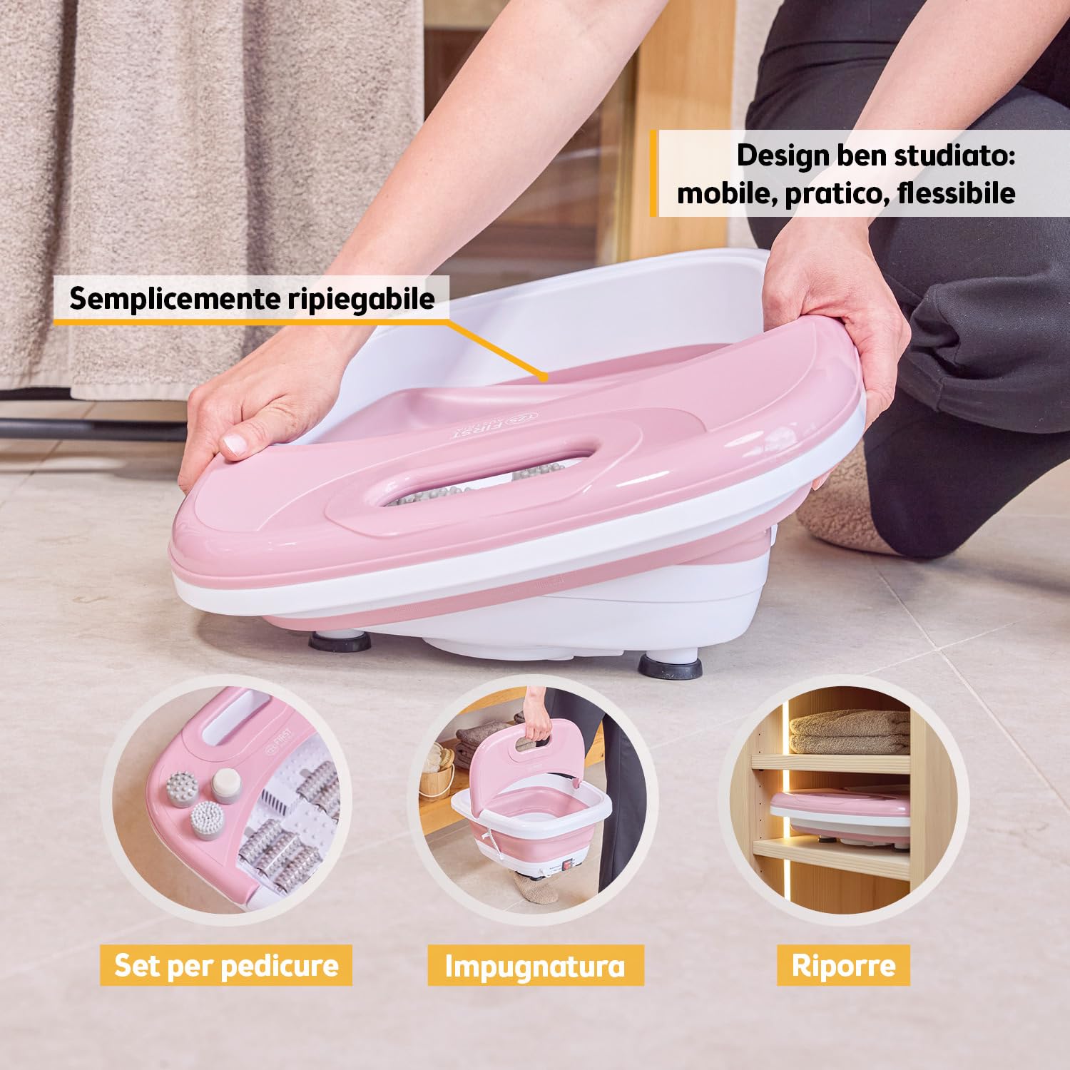 TZS First Austria - Idromassaggio Plantare 500W - Massaggiatore piedi con 3 accessori & 8 rulli - Massaggio a vibrazione & bolle d'aria, infrarossi & riscaldamento - Pieghevole fino al 47 - Rosa