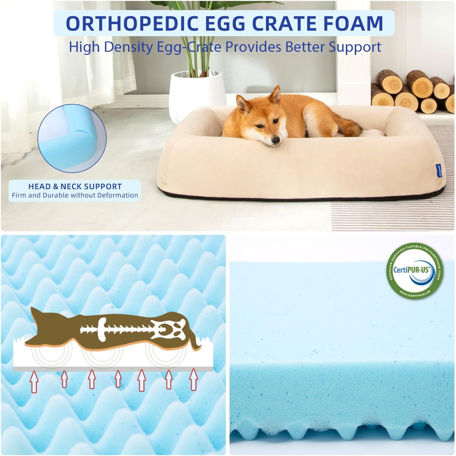review Orthopedic Dog Bed for Large Dogs Waterproof Pet Bed Soft Sofa with Two Fabrics Washable Removable Cover Egg Foam Support Anti-Slip Bottom Extra Head and Neck Support Sleeper,L Beige
