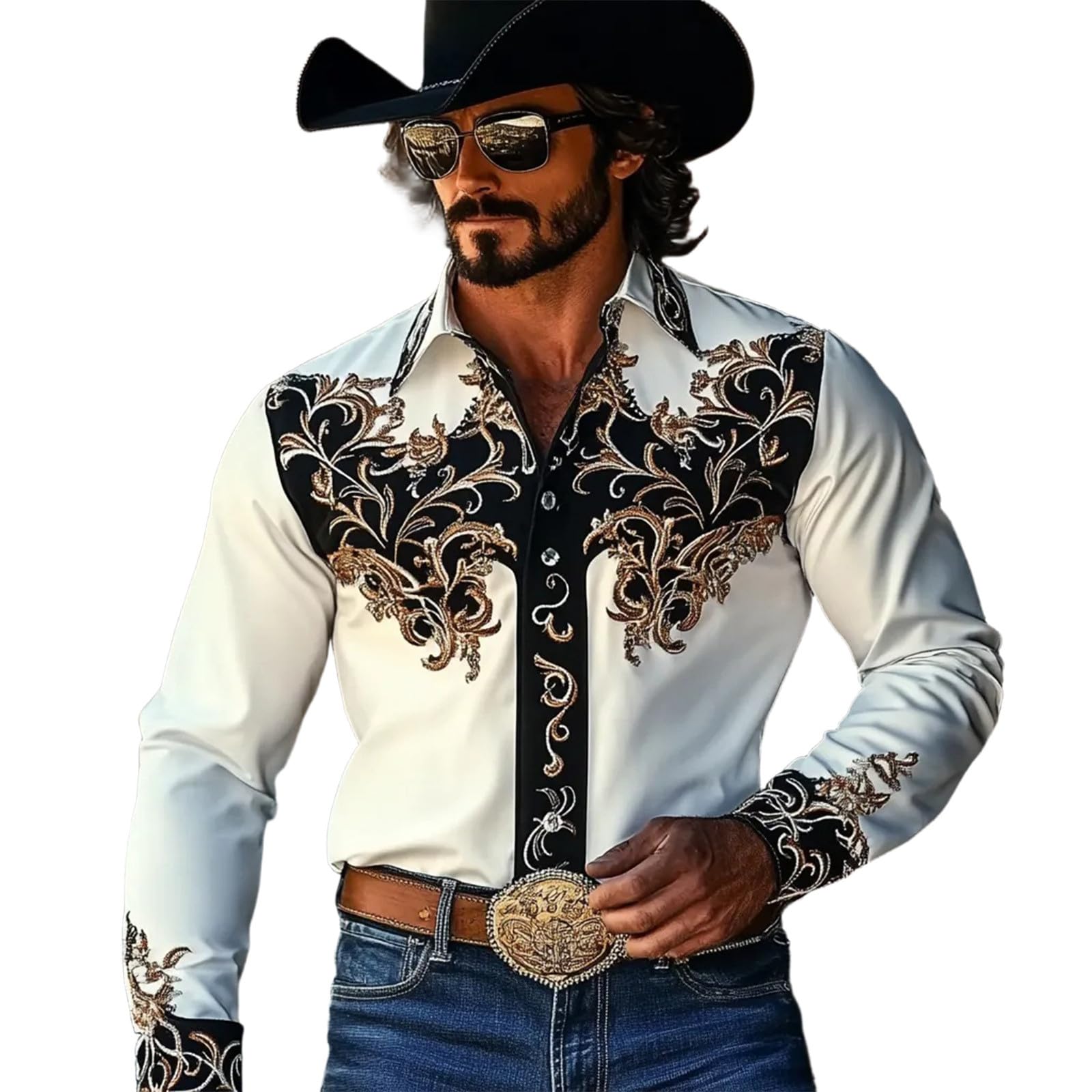 Fancy Dress Shirts Men's Cowboy Costume Long Sleeve Retro Western Shirt Western Lapel Shirt Vintage Style Long Sleeve Shirt with Ornament Pattern Festive Party Shirt for Theme Party Country Festival