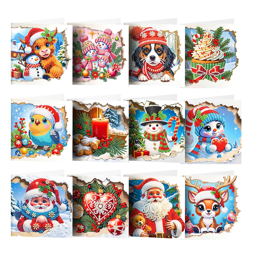 12pcs 5D Diamond Painting Christmas Greeting Cards for Adults, DIY Xmas Print Diamond Painting Card Rhinestone Mosaic Postcards Art Greeting Cards for Families, Friends, fortners