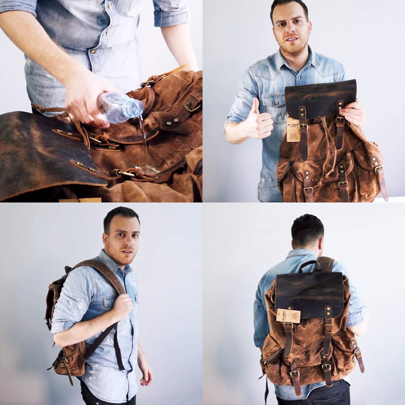 WUDON Leather Backpack for Men, Waxed Canvas Shoulder Rucksack Carry-On Travel Backpack - Image 9