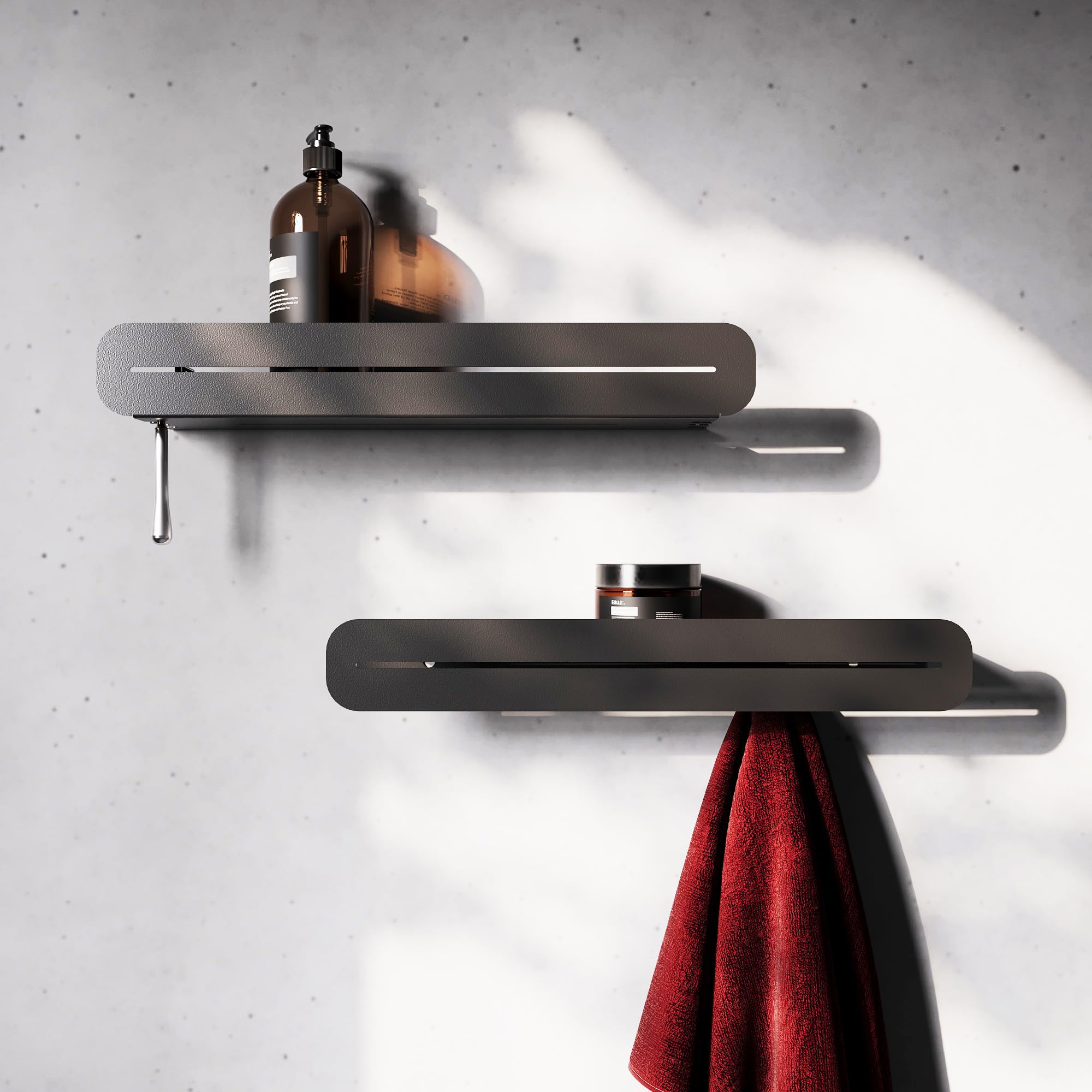 Estantería de pared para baño con ganchos, juego moderno de 2 piezas – Estante de ducha y estante con toallero de metal negro con recubrimiento en polvo – ducha, baño, cocina, pasillo - sin Taladro