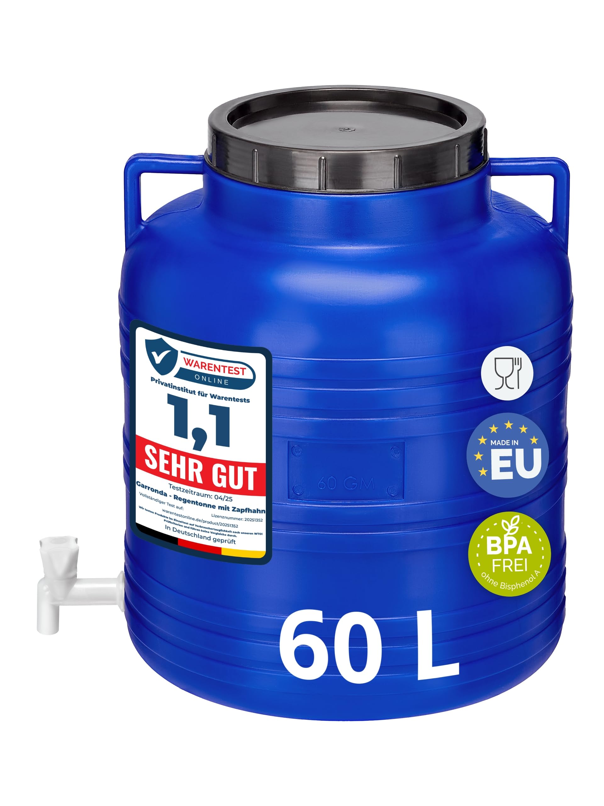 Garronda 60 Liter BPA-freies Fass und Futtertonne mit Hahn Weithalsfass Wassertank und Behälter mit Deckel für Sauerkraut sowie Surfass Pökelfass für Fleisch GD-0090 Blau