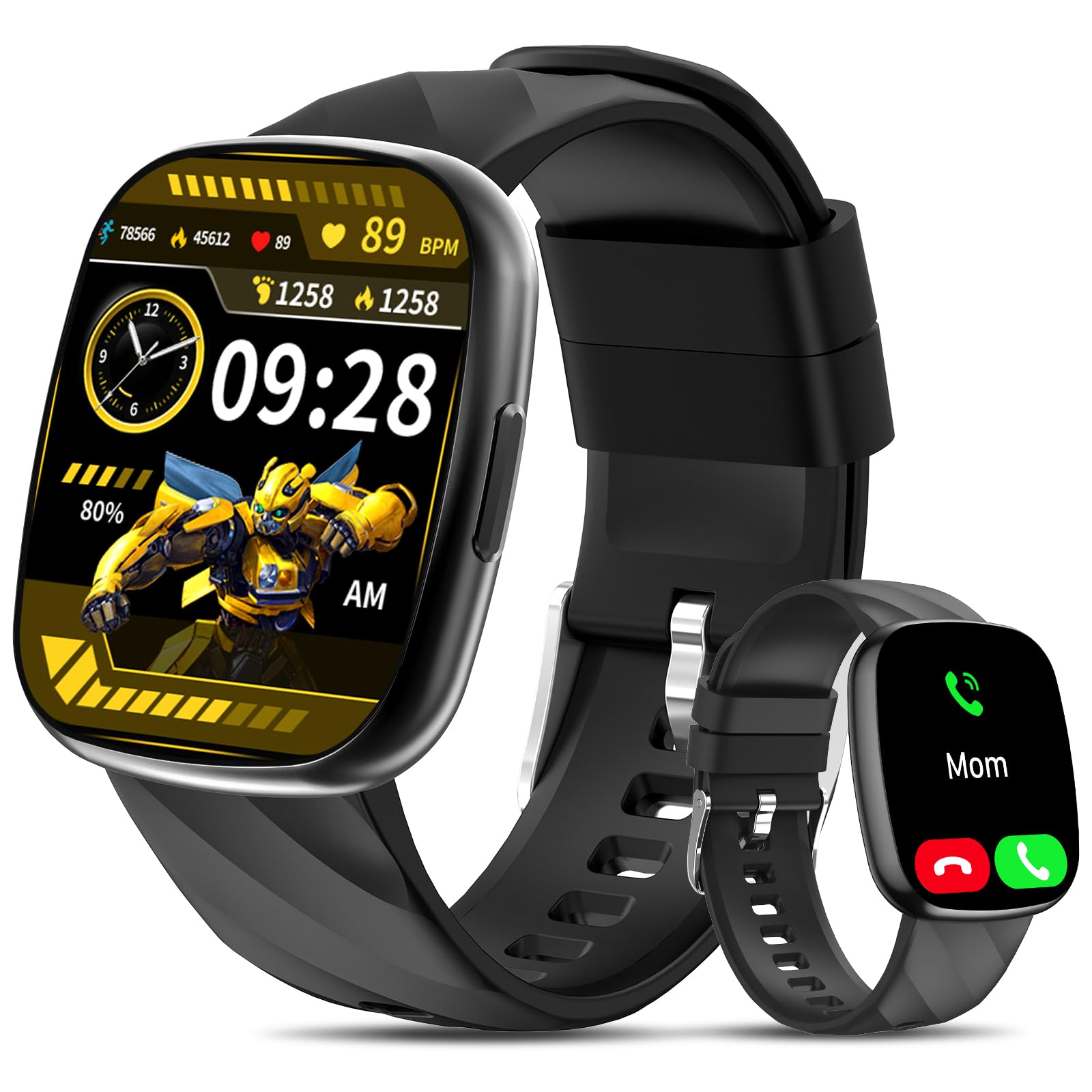 Transformers Montre Intelligente Enfant, Montre Connectée Sport avec Appel Bluetooth, Cardio/Sommeil/Podomètre, 100+ Modes Sportifs IP68 Étanche, Idée Cadeau Anniversaire Garçon Fille 6-12 Ans,Black