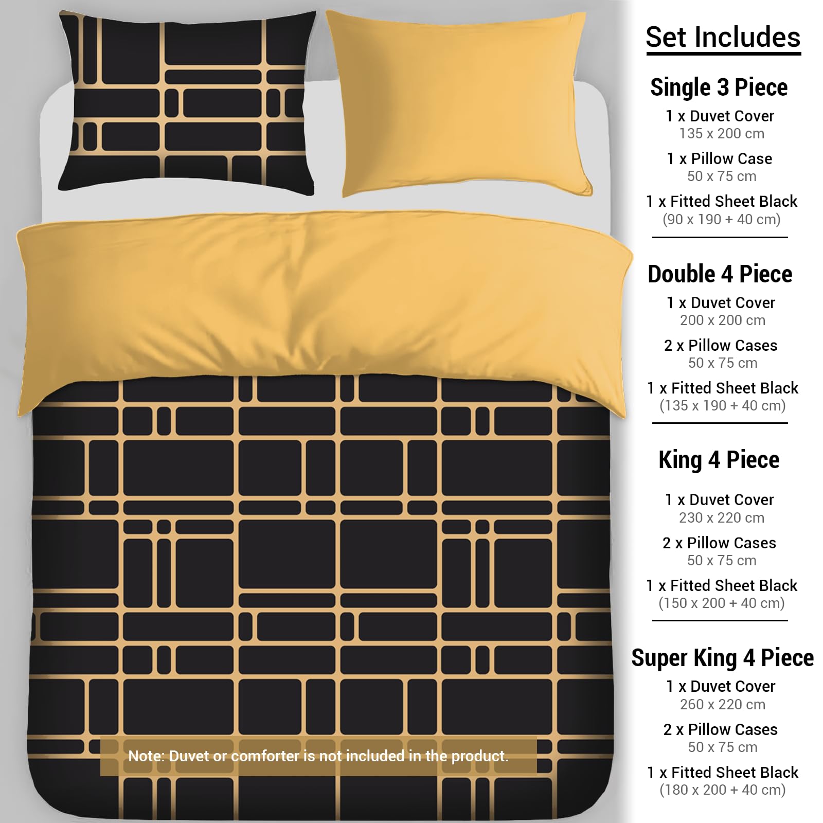 Pamposh 3 Pcs Single Duvet Cover Set with Matching Black Single Fitted Sheet 40 cm Extra Deep Pocket - UltraSoft Breathable Premium Microfibre Reversible Quilt Cover Bedding Set For All Seasons - 2