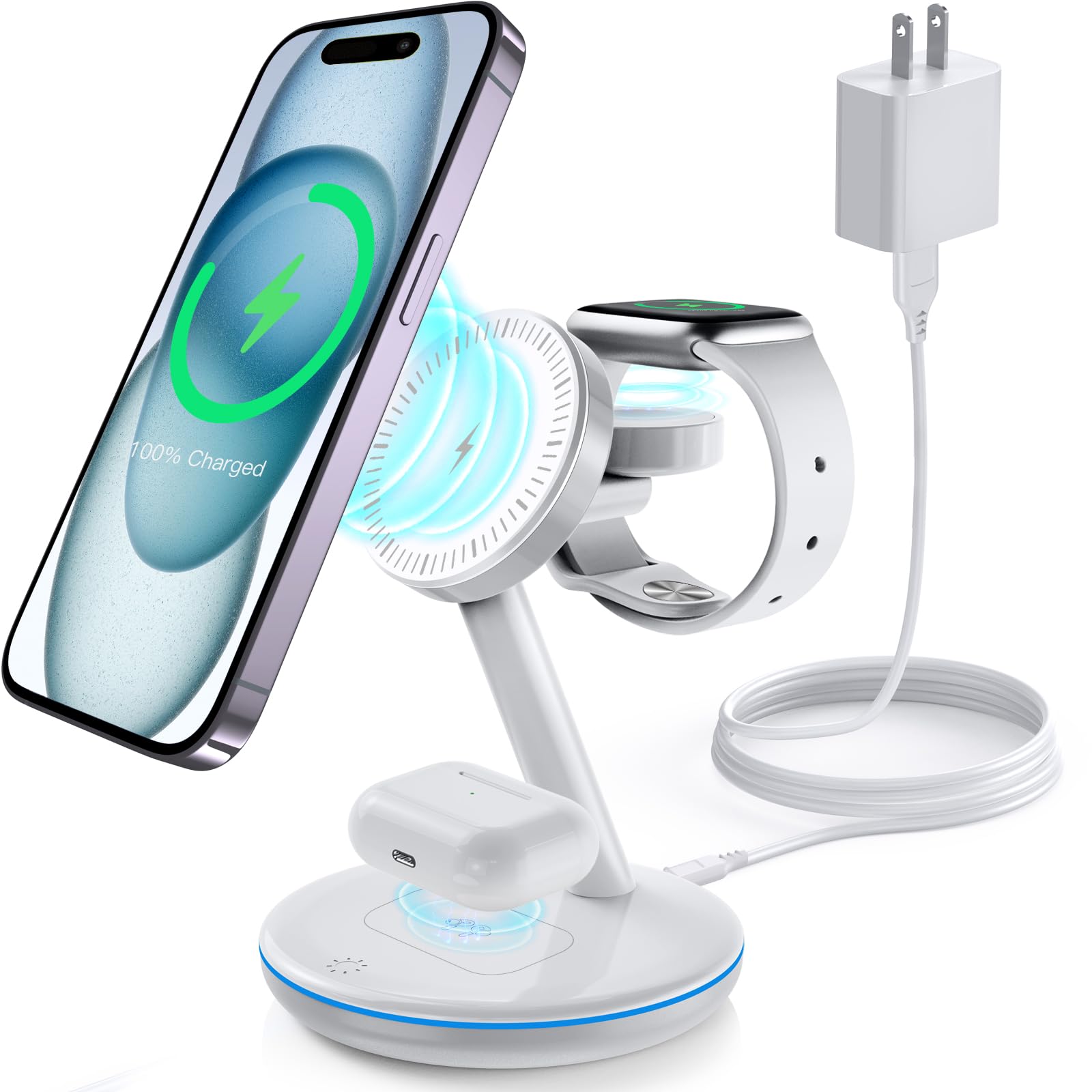 3 in 1 Charging Station for Apple Devices 18W Fast Mag-Safe Charger Stand Magnetic Wireless Charger Station for iPhone16 15 14 13 12 Pro/Pro Max/Plus/Mini AirPods 2/3/Pro iWatch Ultra/8/7/SE/6/5/4/3/2