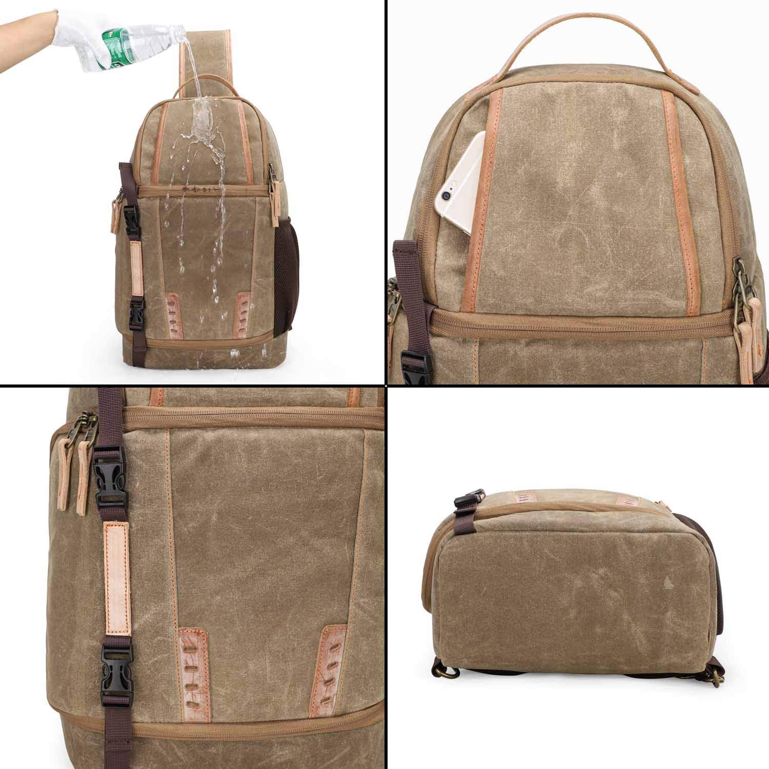 Neuleben Plecak na aparat Sling w stylu vintage, wodoszczelny, na obiektyw lustrzany, plecak na aparat fotograficzny, z woskowanego płótna, uniseks