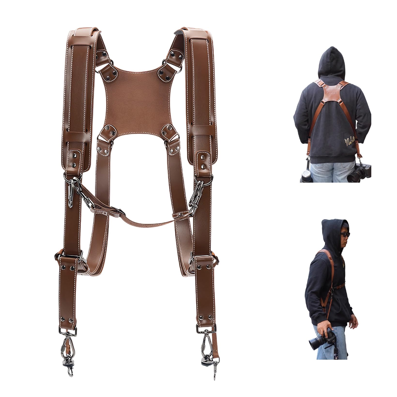 Tracolla per fotocamera, in pelle, accessorio per fotocamera Dual Harness per due fotocamere, doppia tracolla regolabile, doppia fotocamera per fotografi (pelle)