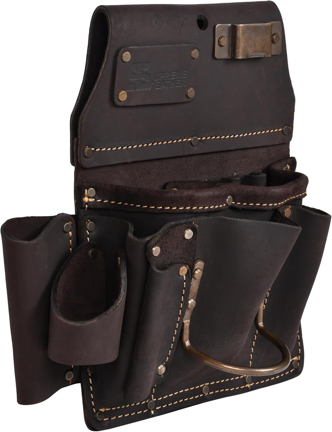 Supreme Leather 10-in-1 Drywaller's Tool Pouch | Oil-Tanned Leather | Hammer Loop & Tape Measure Clip | Belt Loops, Framing Drywaller's Tool Organizer Bag | Fits Belts Up to 3"