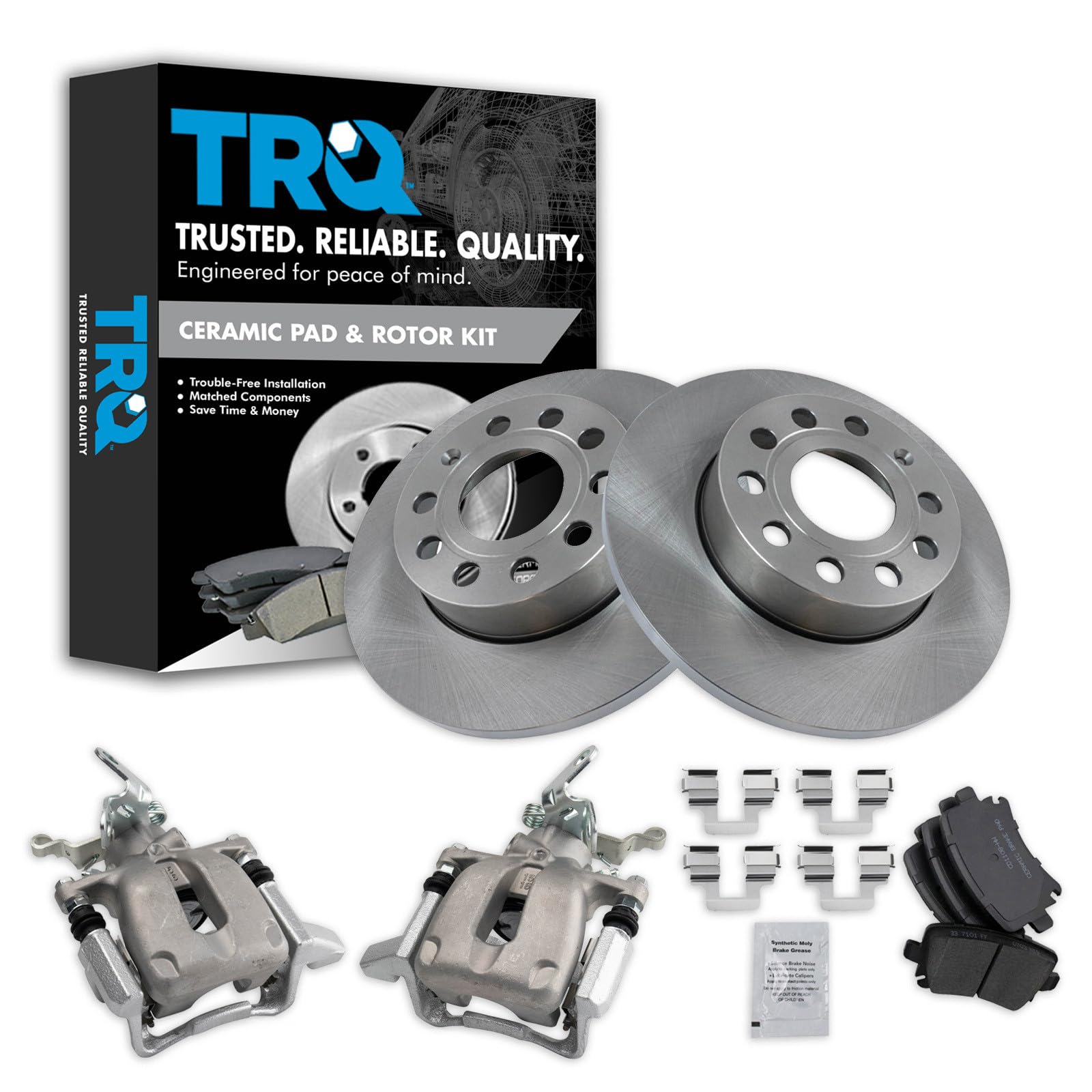 TRQ Rear Ceramic Brake Pad and Rotor Set Includes Calipers
