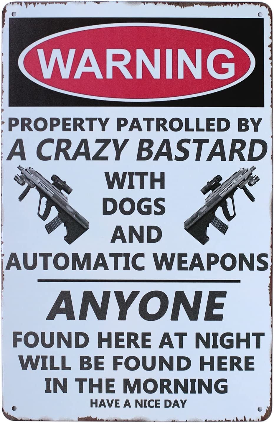 peiyeety Vintage Metal Sign Warning Property Patrolled By A Crazy Bas Aluminum Plate For Home Living Room Bedroom Farmhouse Pub Club Coffee Kicthen Bar Cafe 6x8 Inch
