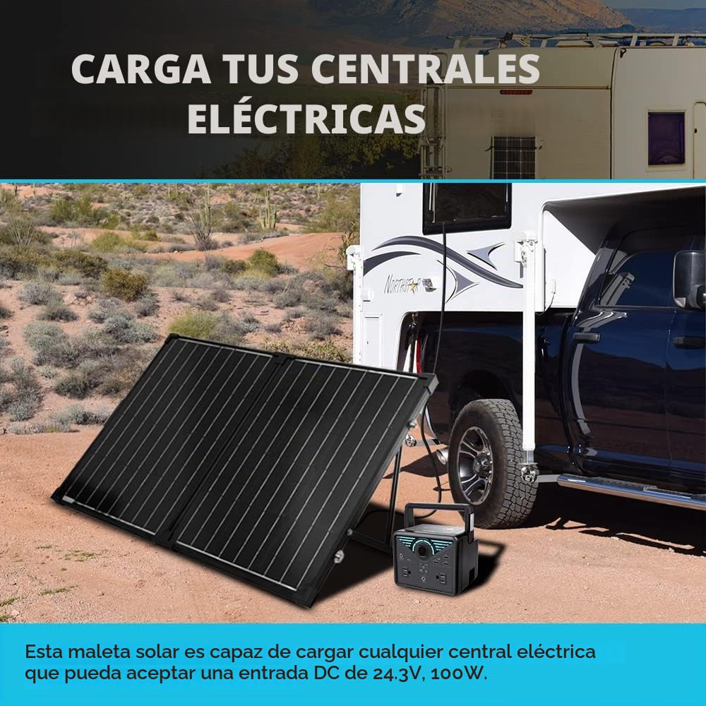 Renogy Panel Solar portátil de 100 W y 12 voltios para Central eléctrica, Maleta Plegable de 100 W con Soporte Ajustable, Cargador Solar para Caravana, Camping, Sistema Fuera de la Red, Color Negro