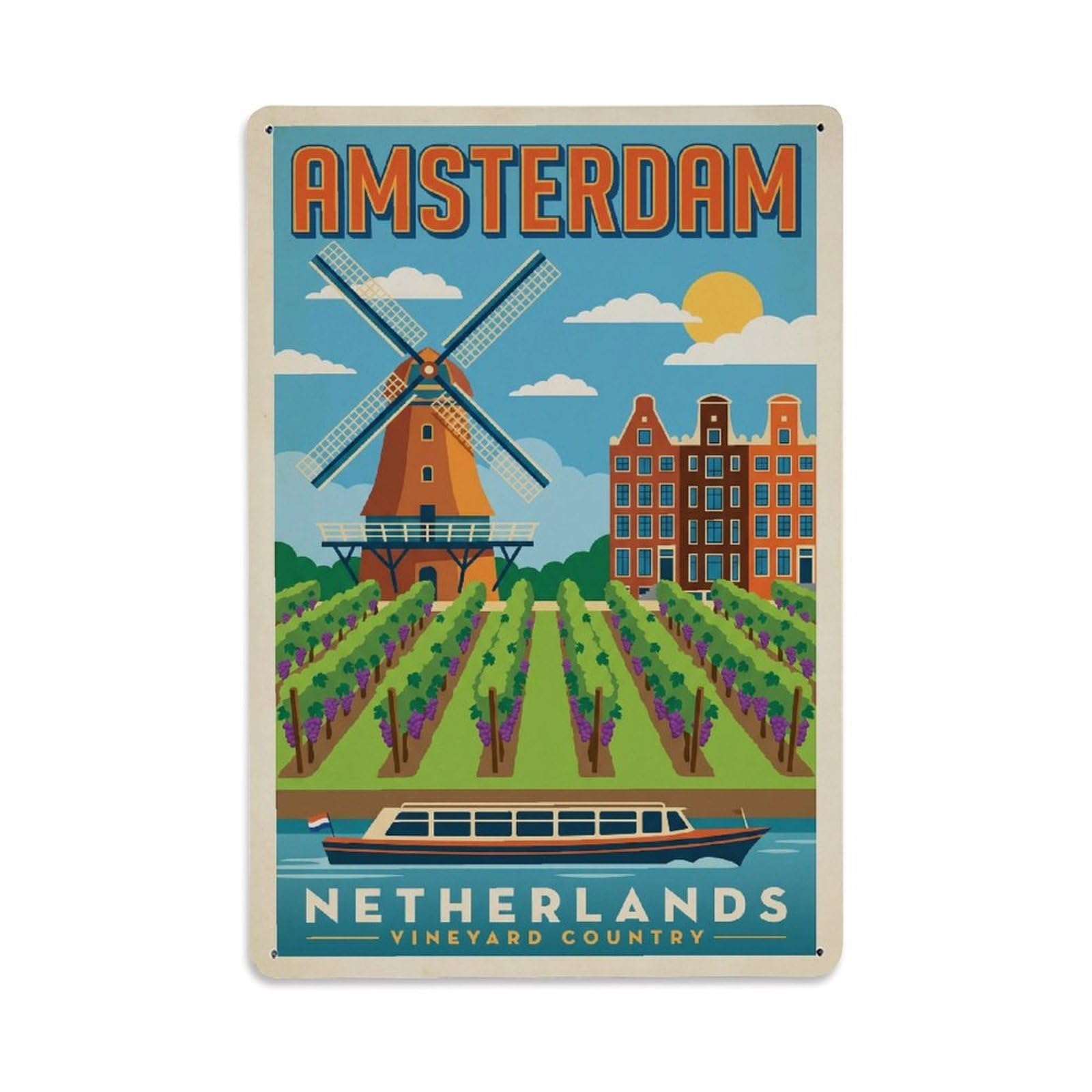 Okngb Style Amsterdam Grape Vineyard Garden Retro Country Travel Metal Tin Sign Plaque Wall Decor For Cafe, Man Cave, Club Bar, Office, Home Garden Round Metal Poster 8X12inch