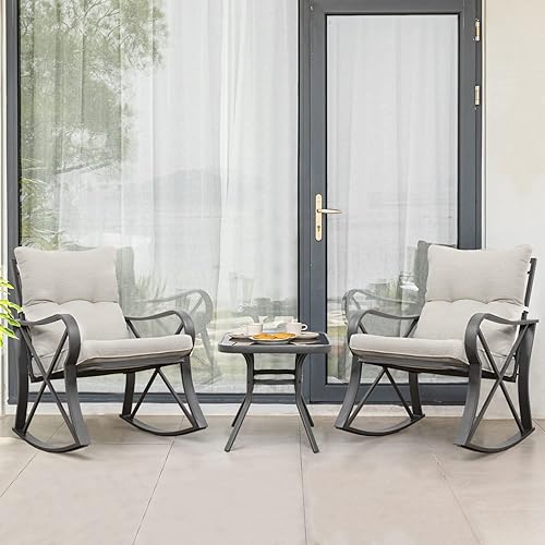 Miniatura 3 de COSIEST Juego de 3 sillas mecedoras para patio, muebles de exterior con cojines beige, mesa de cristal para jardín, piscina, patio trasero