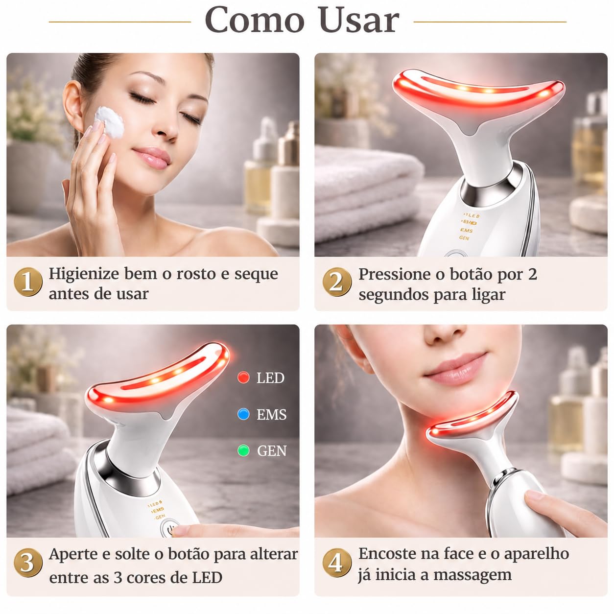 Massageador Facial LED 3 Cores Premium EMS Aquecimento Vibração