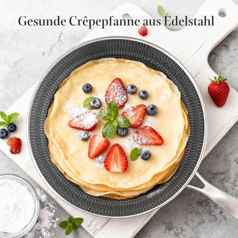 Crepe Pfanne aus Edelstahl 30 cm, Pfannkuchenpfanne mit Kratzfeste Antihaftbeschichtung, Induktions Kompatibel