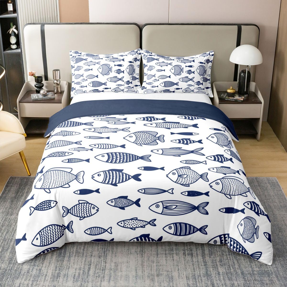 Housse de couette 200x200 coton poisson bleu lit enfant Homewish