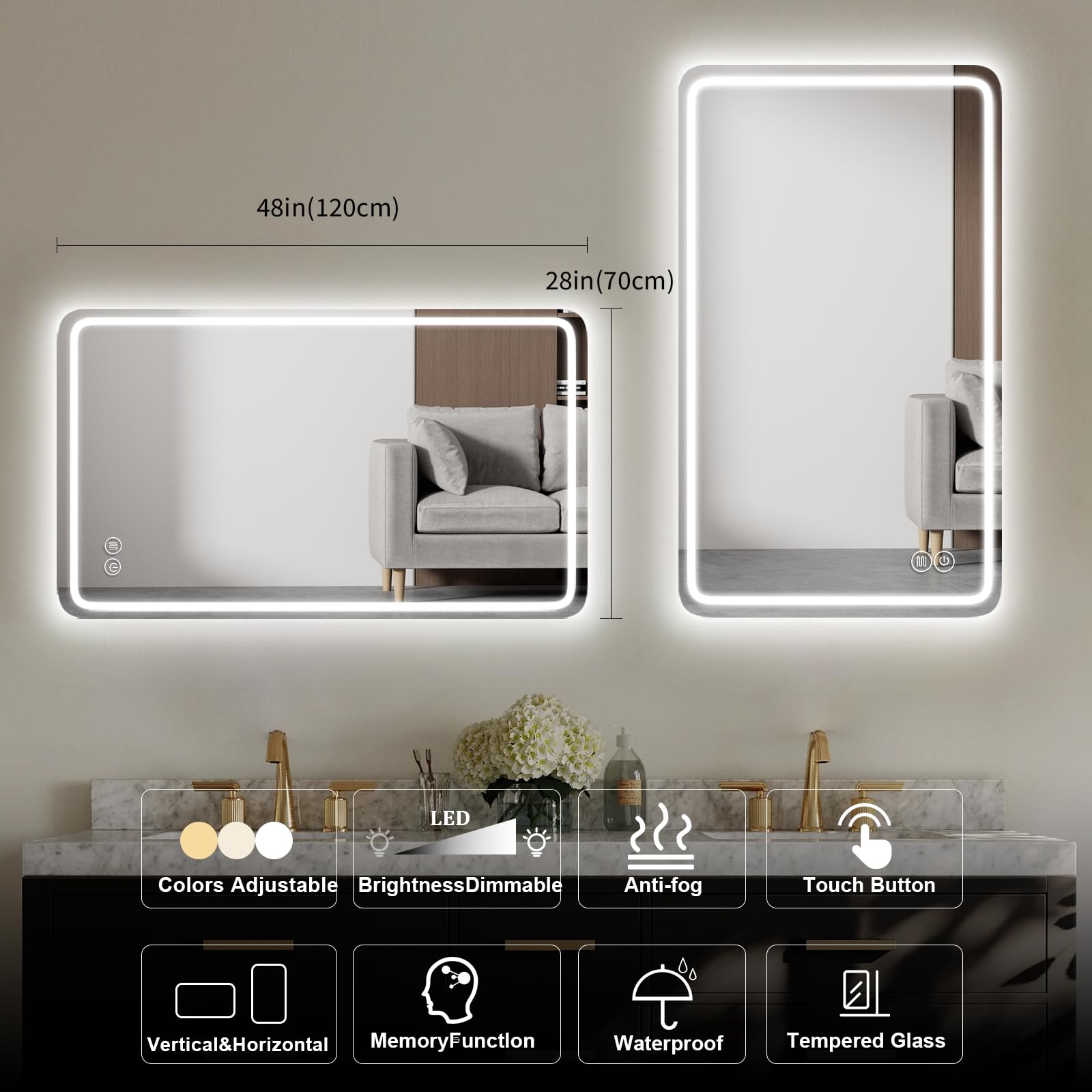 Badspiegel mit Beleuchtung,Spiegel Mit Beleuchtung 120x70cm,LED Badspiegel mit Touch-Schalter,Badezimmerspiegel mit Speicherfunktion,Wandspiegel 3 Farbtemperatur,Horizontal/Vertikal, HD Hartglas